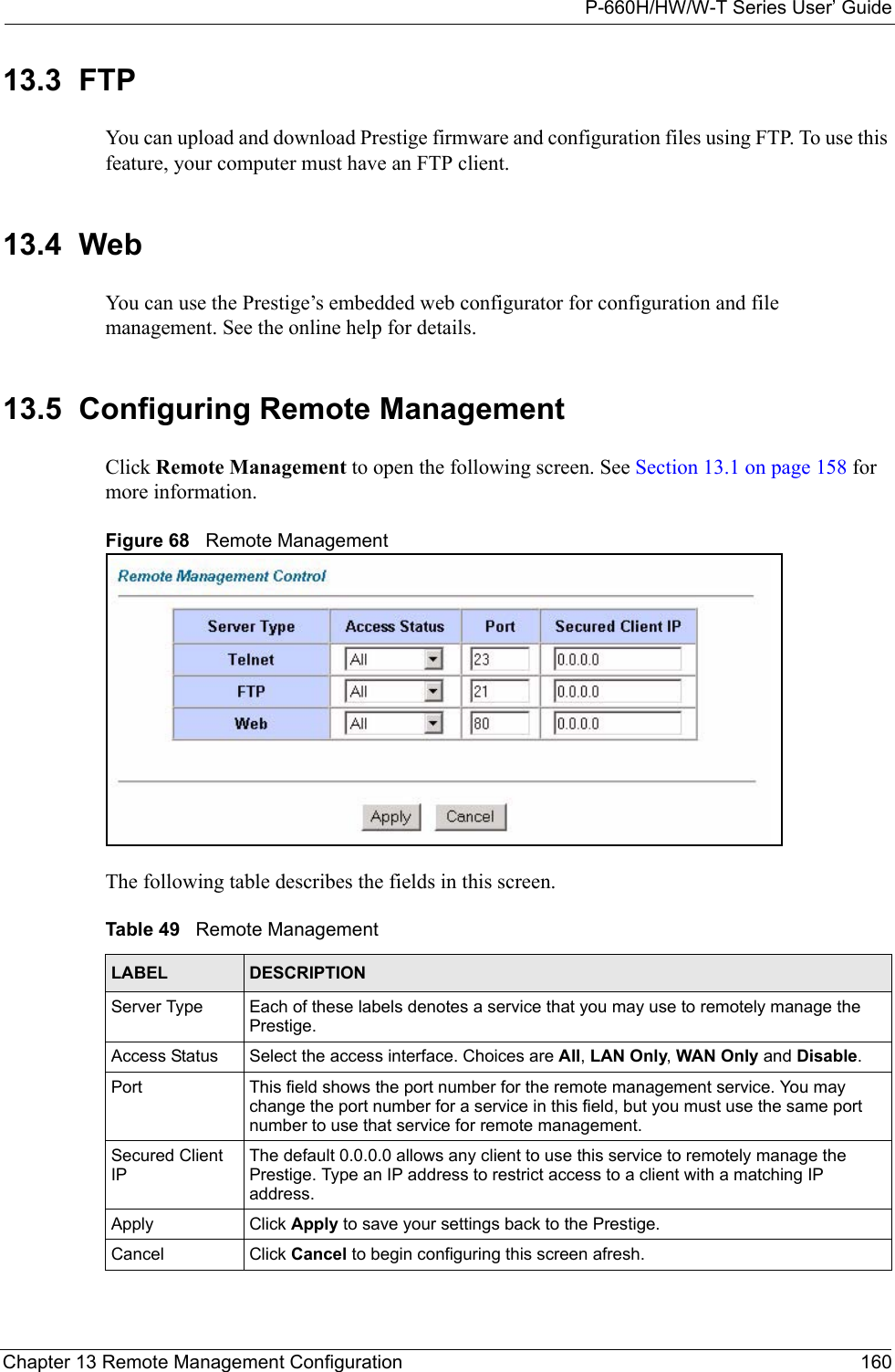 P-660H/HW/W-T Series User’ GuideChapter 13 Remote Management Configuration 16013.3  FTPYou can upload and download Prestige firmware and configuration files using FTP. To use this feature, your computer must have an FTP client.13.4  WebYou can use the Prestige’s embedded web configurator for configuration and file management. See the online help for details.13.5  Configuring Remote Management Click Remote Management to open the following screen. See Section 13.1 on page 158 for more information. Figure 68   Remote ManagementThe following table describes the fields in this screen.Table 49   Remote ManagementLABEL DESCRIPTIONServer Type  Each of these labels denotes a service that you may use to remotely manage the Prestige.Access Status Select the access interface. Choices are All, LAN Only, WAN Only and Disable. Port This field shows the port number for the remote management service. You may change the port number for a service in this field, but you must use the same port number to use that service for remote management.Secured Client IPThe default 0.0.0.0 allows any client to use this service to remotely manage the Prestige. Type an IP address to restrict access to a client with a matching IP address. Apply Click Apply to save your settings back to the Prestige.Cancel Click Cancel to begin configuring this screen afresh.