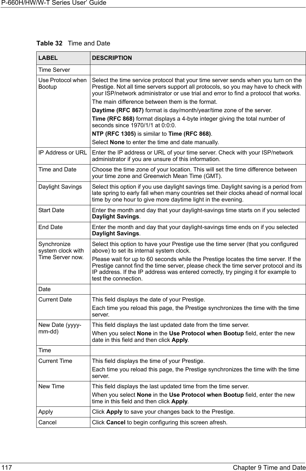 P-660H/HW/W-T Series User’ Guide117 Chapter 9 Time and Date Table 32   Time and DateLABEL DESCRIPTIONTime ServerUse Protocol when BootupSelect the time service protocol that your time server sends when you turn on the Prestige. Not all time servers support all protocols, so you may have to check with your ISP/network administrator or use trial and error to find a protocol that works.The main difference between them is the format. Daytime (RFC 867) format is day/month/year/time zone of the server. Time (RFC 868) format displays a 4-byte integer giving the total number of seconds since 1970/1/1 at 0:0:0. NTP (RFC 1305) is similar to Time (RFC 868). Select None to enter the time and date manually. IP Address or URL Enter the IP address or URL of your time server. Check with your ISP/network administrator if you are unsure of this information.Time and Date Choose the time zone of your location. This will set the time difference between your time zone and Greenwich Mean Time (GMT). Daylight Savings Select this option if you use daylight savings time. Daylight saving is a period from late spring to early fall when many countries set their clocks ahead of normal local time by one hour to give more daytime light in the evening.Start Date Enter the month and day that your daylight-savings time starts on if you selected Daylight Savings.End Date Enter the month and day that your daylight-savings time ends on if you selected Daylight Savings.Synchronize system clock with Time Server now.Select this option to have your Prestige use the time server (that you configured above) to set its internal system clock.Please wait for up to 60 seconds while the Prestige locates the time server. If the Prestige cannot find the time server, please check the time server protocol and its IP address. If the IP address was entered correctly, try pinging it for example to test the connection.DateCurrent Date This field displays the date of your Prestige. Each time you reload this page, the Prestige synchronizes the time with the time server.New Date (yyyy-mm-dd)This field displays the last updated date from the time server.When you select None in the Use Protocol when Bootup field, enter the new date in this field and then click Apply.TimeCurrent Time This field displays the time of your Prestige.Each time you reload this page, the Prestige synchronizes the time with the time server.New Time This field displays the last updated time from the time server.When you select None in the Use Protocol when Bootup field, enter the new time in this field and then click Apply. Apply Click Apply to save your changes back to the Prestige.Cancel Click Cancel to begin configuring this screen afresh.