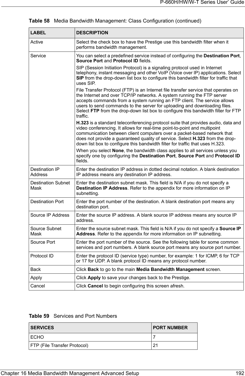 P-660H/HW/W-T Series User’ GuideChapter 16 Media Bandwidth Management Advanced Setup 192Active Select the check box to have the Prestige use this bandwidth filter when it performs bandwidth management. Service You can select a predefined service instead of configuring the Destination Port, Source Port and Protocol ID fields. SIP (Session Initiation Protocol) is a signaling protocol used in Internet telephony, instant messaging and other VoIP (Voice over IP) applications. Select SIP from the drop-down list box to configure this bandwidth filter for traffic that uses SIP. File Transfer Protocol (FTP) is an Internet file transfer service that operates on the Internet and over TCP/IP networks. A system running the FTP server accepts commands from a system running an FTP client. The service allows users to send commands to the server for uploading and downloading files. Select FTP from the drop-down list box to configure this bandwidth filter for FTP traffic. H.323 is a standard teleconferencing protocol suite that provides audio, data and video conferencing. It allows for real-time point-to-point and multipoint communication between client computers over a packet-based network that does not provide a guaranteed quality of service. Select H.323 from the drop-down list box to configure this bandwidth filter for traffic that uses H.323. When you select None, the bandwidth class applies to all services unless you specify one by configuring the Destination Port, Source Port and Protocol ID fields. Destination IP AddressEnter the destination IP address in dotted decimal notation. A blank destination IP address means any destination IP address.Destination Subnet Mask Enter the destination subnet mask. This field is N/A if you do not specify a Destination IP Address. Refer to the appendix for more information on IP subnetting.Destination Port  Enter the port number of the destination. A blank destination port means any destination port.Source IP Address  Enter the source IP address. A blank source IP address means any source IP address.Source Subnet Mask Enter the source subnet mask. This field is N/A if you do not specify a Source IP Address. Refer to the appendix for more information on IP subnetting.Source Port Enter the port number of the source. See the following table for some common services and port numbers. A blank source port means any source port number.Protocol ID  Enter the protocol ID (service type) number, for example: 1 for ICMP, 6 for TCP or 17 for UDP. A blank protocol ID means any protocol number.Back Click Back to go to the main Media Bandwidth Management screen.Apply Click Apply to save your changes back to the Prestige.Cancel Click Cancel to begin configuring this screen afresh.Table 59   Services and Port NumbersSERVICES PORT NUMBERECHO 7FTP (File Transfer Protocol) 21Table 58   Media Bandwidth Management: Class Configuration (continued)LABEL DESCRIPTION