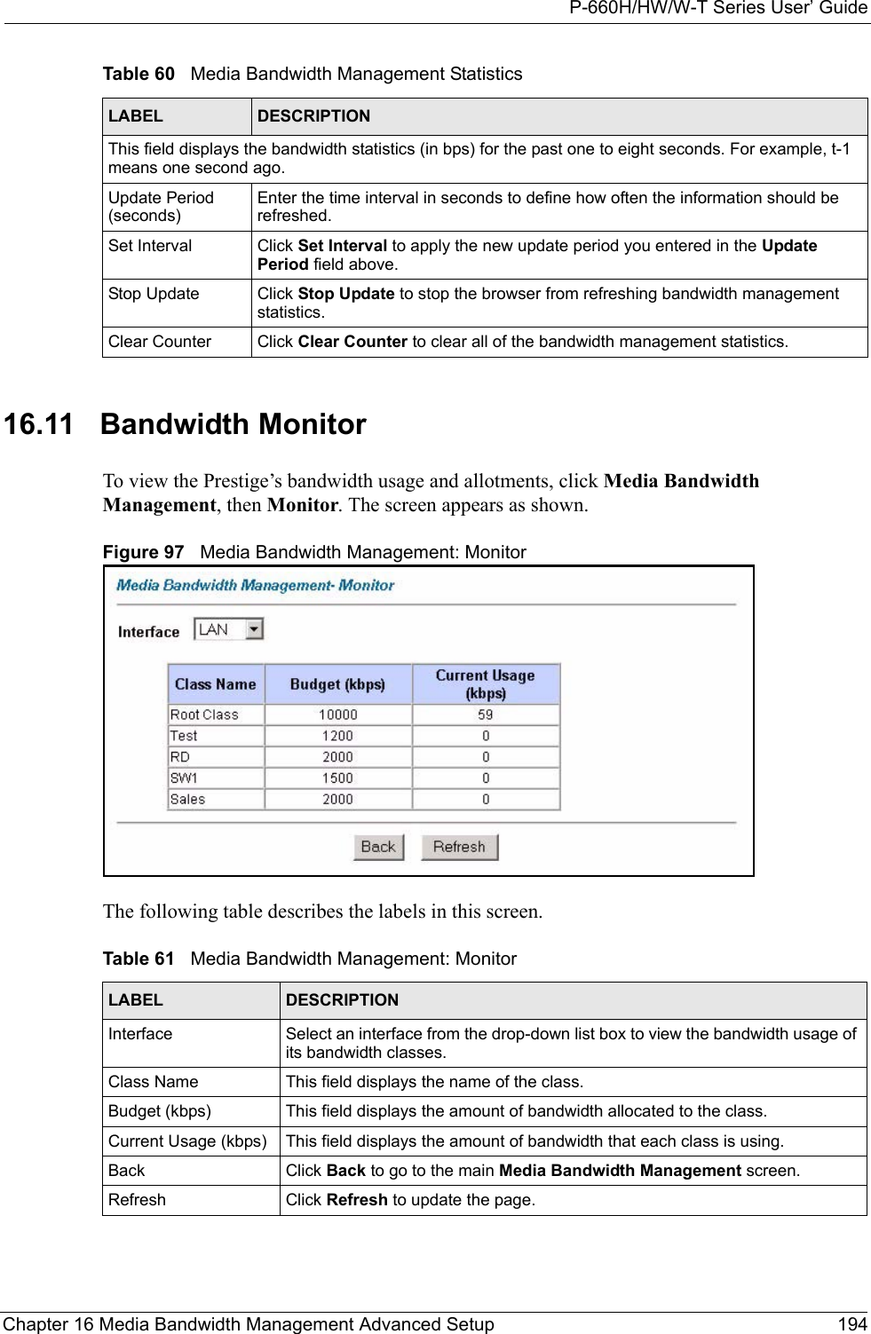 P-660H/HW/W-T Series User’ GuideChapter 16 Media Bandwidth Management Advanced Setup 19416.11   Bandwidth Monitor  To view the Prestige’s bandwidth usage and allotments, click Media Bandwidth Management, then Monitor. The screen appears as shown.Figure 97   Media Bandwidth Management: Monitor The following table describes the labels in this screen.    This field displays the bandwidth statistics (in bps) for the past one to eight seconds. For example, t-1 means one second ago.Update Period (seconds)Enter the time interval in seconds to define how often the information should be refreshed. Set Interval Click Set Interval to apply the new update period you entered in the Update Period field above.Stop Update Click Stop Update to stop the browser from refreshing bandwidth management statistics.Clear Counter Click Clear Counter to clear all of the bandwidth management statistics. Table 60   Media Bandwidth Management StatisticsLABEL DESCRIPTIONTable 61   Media Bandwidth Management: MonitorLABEL DESCRIPTIONInterface Select an interface from the drop-down list box to view the bandwidth usage of its bandwidth classes. Class Name This field displays the name of the class. Budget (kbps) This field displays the amount of bandwidth allocated to the class. Current Usage (kbps) This field displays the amount of bandwidth that each class is using. Back Click Back to go to the main Media Bandwidth Management screen.Refresh Click Refresh to update the page. 