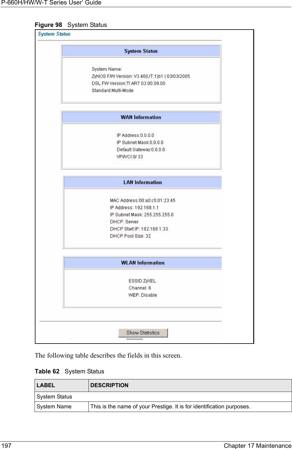 P-660H/HW/W-T Series User’ Guide197 Chapter 17 MaintenanceFigure 98   System StatusThe following table describes the fields in this screen. Table 62   System StatusLABEL DESCRIPTIONSystem StatusSystem Name This is the name of your Prestige. It is for identification purposes. 