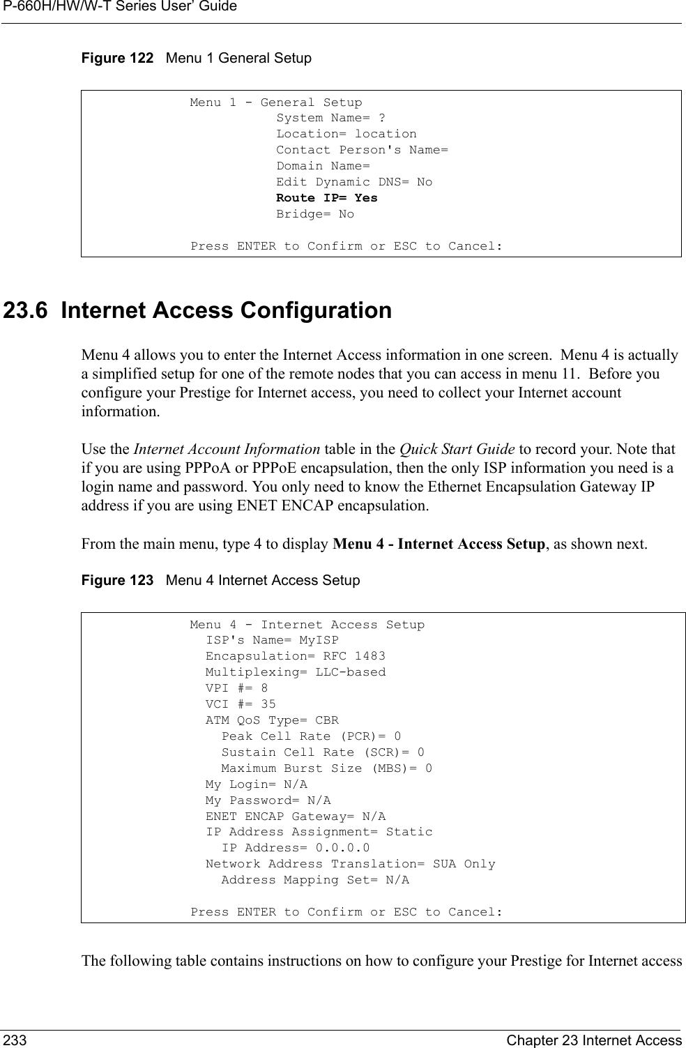 P-660H/HW/W-T Series User’ Guide233 Chapter 23 Internet AccessFigure 122   Menu 1 General Setup23.6  Internet Access ConfigurationMenu 4 allows you to enter the Internet Access information in one screen.  Menu 4 is actually a simplified setup for one of the remote nodes that you can access in menu 11.  Before you configure your Prestige for Internet access, you need to collect your Internet account information.Use the Internet Account Information table in the Quick Start Guide to record your. Note that if you are using PPPoA or PPPoE encapsulation, then the only ISP information you need is a login name and password. You only need to know the Ethernet Encapsulation Gateway IP address if you are using ENET ENCAP encapsulation.From the main menu, type 4 to display Menu 4 - Internet Access Setup, as shown next. Figure 123   Menu 4 Internet Access SetupThe following table contains instructions on how to configure your Prestige for Internet accessMenu 1 - General Setup           System Name= ?           Location= location           Contact Person&apos;s Name=            Domain Name=           Edit Dynamic DNS= No           Route IP= Yes           Bridge= NoPress ENTER to Confirm or ESC to Cancel:Menu 4 - Internet Access Setup  ISP&apos;s Name= MyISP  Encapsulation= RFC 1483  Multiplexing= LLC-based  VPI #= 8  VCI #= 35  ATM QoS Type= CBR    Peak Cell Rate (PCR)= 0    Sustain Cell Rate (SCR)= 0    Maximum Burst Size (MBS)= 0  My Login= N/A  My Password= N/A  ENET ENCAP Gateway= N/A  IP Address Assignment= Static    IP Address= 0.0.0.0  Network Address Translation= SUA Only    Address Mapping Set= N/APress ENTER to Confirm or ESC to Cancel: