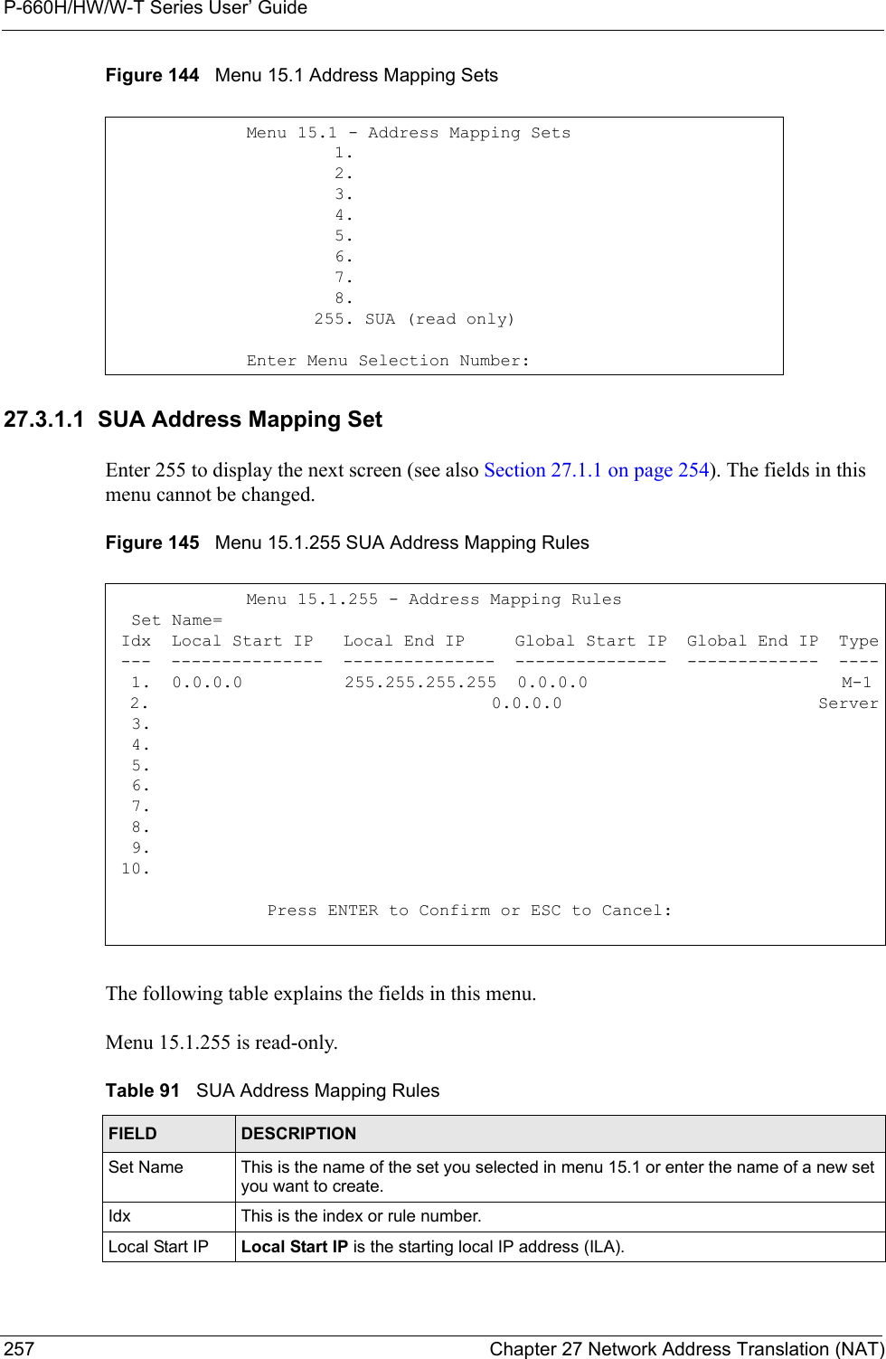 P-660H/HW/W-T Series User’ Guide257 Chapter 27 Network Address Translation (NAT)Figure 144   Menu 15.1 Address Mapping Sets27.3.1.1  SUA Address Mapping SetEnter 255 to display the next screen (see also Section 27.1.1 on page 254). The fields in this menu cannot be changed. Figure 145   Menu 15.1.255 SUA Address Mapping RulesThe following table explains the fields in this menu. Menu 15.1.255 is read-only. Menu 15.1 - Address Mapping Sets                      1.                      2.                      3.                      4.                      5.                      6.                      7.                      8.                    255. SUA (read only)Enter Menu Selection Number:Menu 15.1.255 - Address Mapping Rules  Set Name=  Idx  Local Start IP   Local End IP     Global Start IP  Global End IP  Type ---  ---------------  ---------------  ---------------  -------------  ----  1.  0.0.0.0          255.255.255.255  0.0.0.0                         M-1  2.                                    0.0.0.0                           Server  3.  4.  5.  6.  7.  8.  9. 10.  Press ENTER to Confirm or ESC to Cancel:Table 91   SUA Address Mapping RulesFIELD DESCRIPTIONSet Name This is the name of the set you selected in menu 15.1 or enter the name of a new set you want to create.Idx This is the index or rule number.Local Start IP Local Start IP is the starting local IP address (ILA).