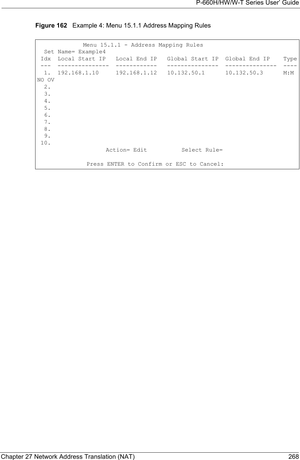 P-660H/HW/W-T Series User’ GuideChapter 27 Network Address Translation (NAT) 268Figure 162   Example 4: Menu 15.1.1 Address Mapping RulesMenu 15.1.1 - Address Mapping Rules  Set Name= Example4 Idx  Local Start IP   Local End IP   Global Start IP  Global End IP    Type ---  ---------------  ------------   ---------------  ---------------  ----  1.  192.168.1.10     192.168.1.12   10.132.50.1      10.132.50.3      M:M NO OV  2.  3.  4.  5.  6.  7.  8.  9. 10.                    Action= Edit          Select Rule= Press ENTER to Confirm or ESC to Cancel: