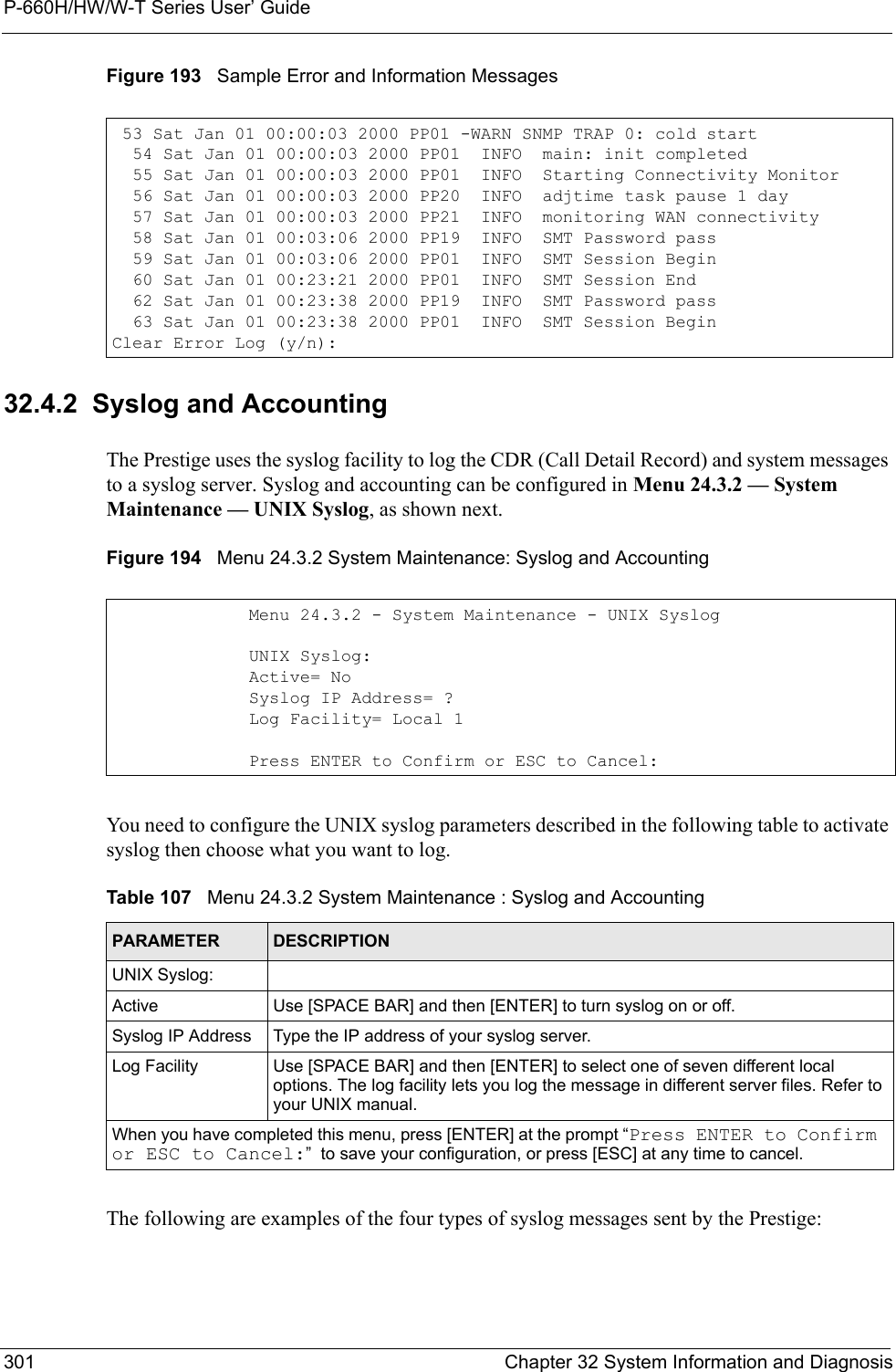 P-660H/HW/W-T Series User’ Guide301 Chapter 32 System Information and DiagnosisFigure 193   Sample Error and Information Messages32.4.2  Syslog and AccountingThe Prestige uses the syslog facility to log the CDR (Call Detail Record) and system messages to a syslog server. Syslog and accounting can be configured in Menu 24.3.2 — System Maintenance — UNIX Syslog, as shown next.Figure 194   Menu 24.3.2 System Maintenance: Syslog and AccountingYou need to configure the UNIX syslog parameters described in the following table to activate syslog then choose what you want to log.The following are examples of the four types of syslog messages sent by the Prestige: 53 Sat Jan 01 00:00:03 2000 PP01 -WARN SNMP TRAP 0: cold start  54 Sat Jan 01 00:00:03 2000 PP01  INFO  main: init completed  55 Sat Jan 01 00:00:03 2000 PP01  INFO  Starting Connectivity Monitor  56 Sat Jan 01 00:00:03 2000 PP20  INFO  adjtime task pause 1 day  57 Sat Jan 01 00:00:03 2000 PP21  INFO  monitoring WAN connectivity  58 Sat Jan 01 00:03:06 2000 PP19  INFO  SMT Password pass  59 Sat Jan 01 00:03:06 2000 PP01  INFO  SMT Session Begin  60 Sat Jan 01 00:23:21 2000 PP01  INFO  SMT Session End  62 Sat Jan 01 00:23:38 2000 PP19  INFO  SMT Password pass  63 Sat Jan 01 00:23:38 2000 PP01  INFO  SMT Session BeginClear Error Log (y/n):Menu 24.3.2 - System Maintenance - UNIX SyslogUNIX Syslog:Active= NoSyslog IP Address= ?Log Facility= Local 1Press ENTER to Confirm or ESC to Cancel:Table 107   Menu 24.3.2 System Maintenance : Syslog and AccountingPARAMETER DESCRIPTIONUNIX Syslog:Active Use [SPACE BAR] and then [ENTER] to turn syslog on or off.Syslog IP Address Type the IP address of your syslog server.Log Facility Use [SPACE BAR] and then [ENTER] to select one of seven different local options. The log facility lets you log the message in different server files. Refer to your UNIX manual.When you have completed this menu, press [ENTER] at the prompt “Press ENTER to Confirm or ESC to Cancel:”  to save your configuration, or press [ESC] at any time to cancel.