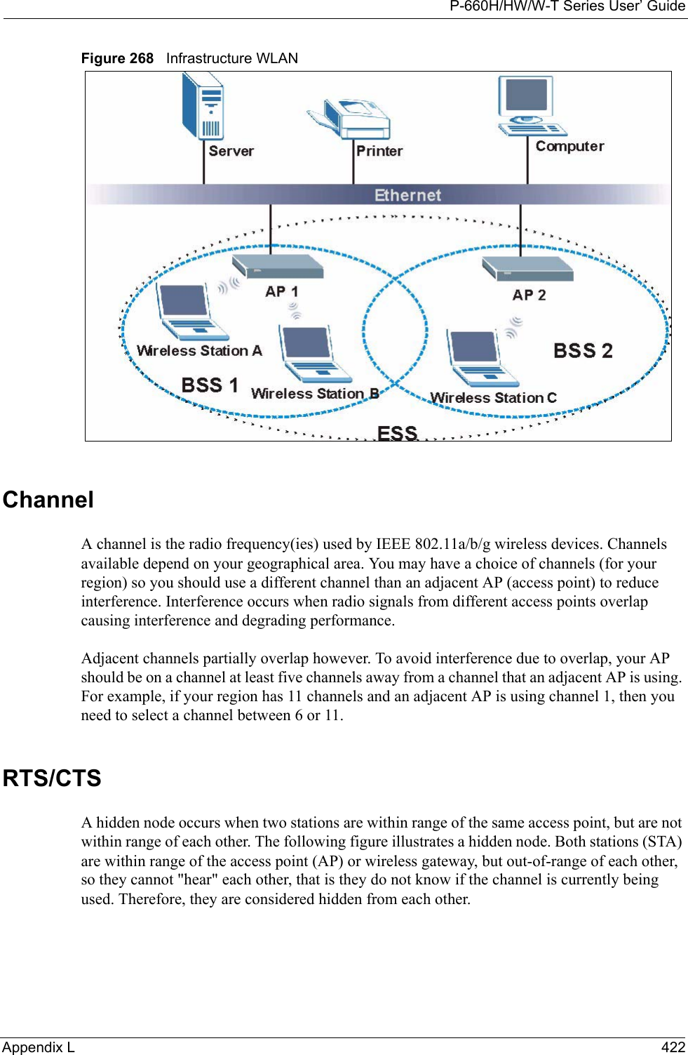 P-660H/HW/W-T Series User’ GuideAppendix L 422Figure 268   Infrastructure WLANChannelA channel is the radio frequency(ies) used by IEEE 802.11a/b/g wireless devices. Channels available depend on your geographical area. You may have a choice of channels (for your region) so you should use a different channel than an adjacent AP (access point) to reduce interference. Interference occurs when radio signals from different access points overlap causing interference and degrading performance.Adjacent channels partially overlap however. To avoid interference due to overlap, your AP should be on a channel at least five channels away from a channel that an adjacent AP is using. For example, if your region has 11 channels and an adjacent AP is using channel 1, then you need to select a channel between 6 or 11.RTS/CTSA hidden node occurs when two stations are within range of the same access point, but are not within range of each other. The following figure illustrates a hidden node. Both stations (STA) are within range of the access point (AP) or wireless gateway, but out-of-range of each other, so they cannot &quot;hear&quot; each other, that is they do not know if the channel is currently being used. Therefore, they are considered hidden from each other. 