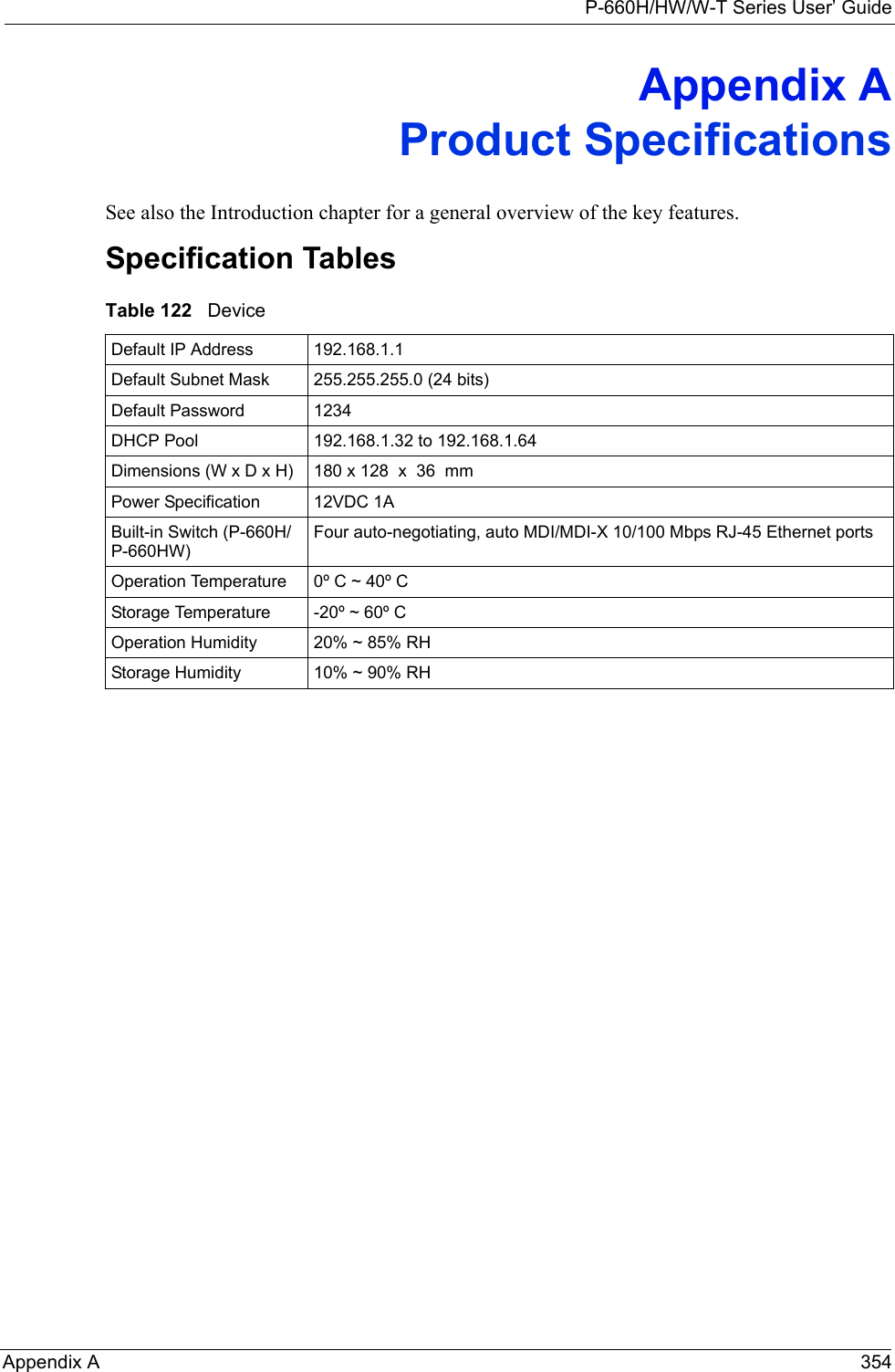 P-660H/HW/W-T Series User’ GuideAppendix A 354Appendix A Product SpecificationsSee also the Introduction chapter for a general overview of the key features.Specification TablesTable 122   DeviceDefault IP Address 192.168.1.1Default Subnet Mask 255.255.255.0 (24 bits)Default Password 1234DHCP Pool 192.168.1.32 to 192.168.1.64 Dimensions (W x D x H)  180 x 128  x  36  mmPower Specification 12VDC 1ABuilt-in Switch (P-660H/ P-660HW)Four auto-negotiating, auto MDI/MDI-X 10/100 Mbps RJ-45 Ethernet portsOperation Temperature 0º C ~ 40º CStorage Temperature -20º ~ 60º COperation Humidity 20% ~ 85% RHStorage Humidity 10% ~ 90% RH