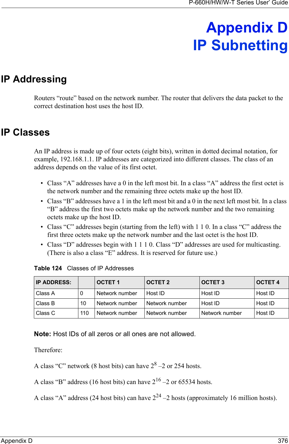 P-660H/HW/W-T Series User’ GuideAppendix D 376Appendix DIP SubnettingIP Addressing Routers “route” based on the network number. The router that delivers the data packet to the correct destination host uses the host ID. IP ClassesAn IP address is made up of four octets (eight bits), written in dotted decimal notation, for example, 192.168.1.1. IP addresses are categorized into different classes. The class of an address depends on the value of its first octet. • Class “A” addresses have a 0 in the left most bit. In a class “A” address the first octet is the network number and the remaining three octets make up the host ID.• Class “B” addresses have a 1 in the left most bit and a 0 in the next left most bit. In a class “B” address the first two octets make up the network number and the two remaining octets make up the host ID.• Class “C” addresses begin (starting from the left) with 1 1 0. In a class “C” address the first three octets make up the network number and the last octet is the host ID.• Class “D” addresses begin with 1 1 1 0. Class “D” addresses are used for multicasting. (There is also a class “E” address. It is reserved for future use.) Note: Host IDs of all zeros or all ones are not allowed.Therefore:A class “C” network (8 host bits) can have 28 –2 or 254 hosts. A class “B” address (16 host bits) can have 216 –2 or 65534 hosts. A class “A” address (24 host bits) can have 224 –2 hosts (approximately 16 million hosts). Table 124   Classes of IP AddressesIP ADDRESS: OCTET 1 OCTET 2 OCTET 3 OCTET 4Class A 0Network number Host ID Host ID Host IDClass B 10 Network number Network number Host ID Host IDClass C 110 Network number Network number Network number Host ID