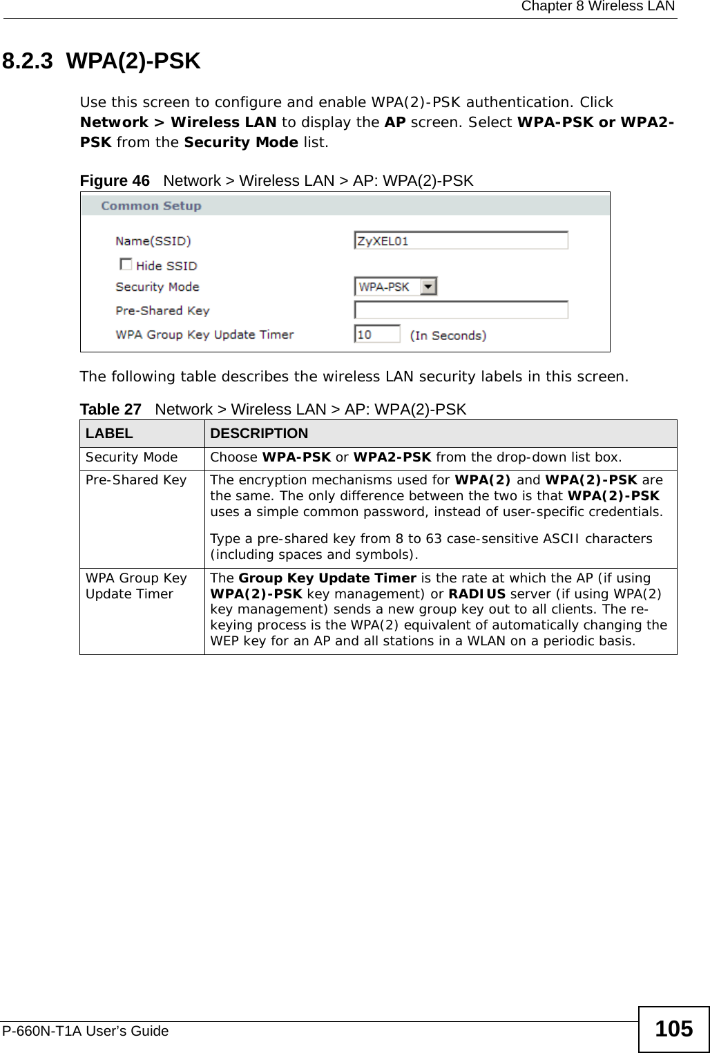  Chapter 8 Wireless LANP-660N-T1A User’s Guide 1058.2.3  WPA(2)-PSKUse this screen to configure and enable WPA(2)-PSK authentication. Click Network &gt; Wireless LAN to display the AP screen. Select WPA-PSK or WPA2-PSK from the Security Mode list.Figure 46   Network &gt; Wireless LAN &gt; AP: WPA(2)-PSKThe following table describes the wireless LAN security labels in this screen.Table 27   Network &gt; Wireless LAN &gt; AP: WPA(2)-PSKLABEL DESCRIPTIONSecurity Mode Choose WPA-PSK or WPA2-PSK from the drop-down list box.Pre-Shared Key  The encryption mechanisms used for WPA(2) and WPA(2)-PSK are the same. The only difference between the two is that WPA(2)-PSK uses a simple common password, instead of user-specific credentials.Type a pre-shared key from 8 to 63 case-sensitive ASCII characters (including spaces and symbols).WPA Group Key Update Timer The Group Key Update Timer is the rate at which the AP (if using WPA(2)-PSK key management) or RADIUS server (if using WPA(2) key management) sends a new group key out to all clients. The re-keying process is the WPA(2) equivalent of automatically changing the WEP key for an AP and all stations in a WLAN on a periodic basis.