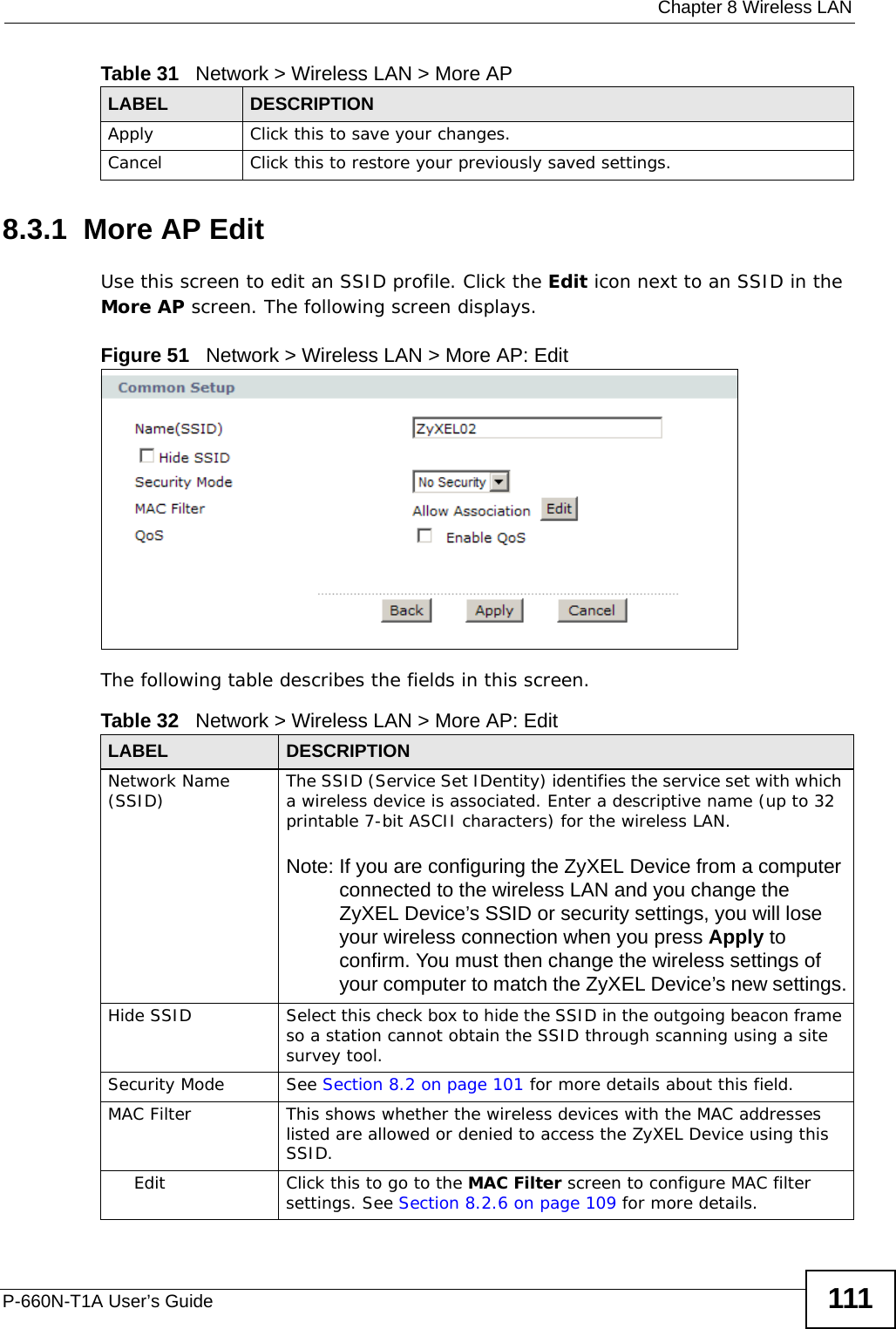  Chapter 8 Wireless LANP-660N-T1A User’s Guide 1118.3.1  More AP EditUse this screen to edit an SSID profile. Click the Edit icon next to an SSID in the More AP screen. The following screen displays.Figure 51   Network &gt; Wireless LAN &gt; More AP: EditThe following table describes the fields in this screen.Apply Click this to save your changes.Cancel Click this to restore your previously saved settings.Table 31   Network &gt; Wireless LAN &gt; More APLABEL DESCRIPTIONTable 32   Network &gt; Wireless LAN &gt; More AP: EditLABEL DESCRIPTIONNetwork Name (SSID) The SSID (Service Set IDentity) identifies the service set with which a wireless device is associated. Enter a descriptive name (up to 32 printable 7-bit ASCII characters) for the wireless LAN. Note: If you are configuring the ZyXEL Device from a computer connected to the wireless LAN and you change the ZyXEL Device’s SSID or security settings, you will lose your wireless connection when you press Apply to confirm. You must then change the wireless settings of your computer to match the ZyXEL Device’s new settings.Hide SSID Select this check box to hide the SSID in the outgoing beacon frame so a station cannot obtain the SSID through scanning using a site survey tool.Security Mode See Section 8.2 on page 101 for more details about this field.MAC Filter  This shows whether the wireless devices with the MAC addresses listed are allowed or denied to access the ZyXEL Device using this SSID.Edit Click this to go to the MAC Filter screen to configure MAC filter settings. See Section 8.2.6 on page 109 for more details.