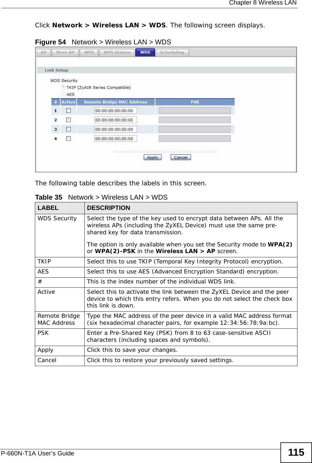  Chapter 8 Wireless LANP-660N-T1A User’s Guide 115Click Network &gt; Wireless LAN &gt; WDS. The following screen displays.Figure 54   Network &gt; Wireless LAN &gt; WDSThe following table describes the labels in this screen.Table 35   Network &gt; Wireless LAN &gt; WDSLABEL DESCRIPTIONWDS Security Select the type of the key used to encrypt data between APs. All the wireless APs (including the ZyXEL Device) must use the same pre-shared key for data transmission.The option is only available when you set the Security mode to WPA(2) or WPA(2)-PSK in the Wireless LAN &gt; AP screen.TKIP Select this to use TKIP (Temporal Key Integrity Protocol) encryption.AES Select this to use AES (Advanced Encryption Standard) encryption. # This is the index number of the individual WDS link.Active Select this to activate the link between the ZyXEL Device and the peer device to which this entry refers. When you do not select the check box this link is down.Remote Bridge MAC Address Type the MAC address of the peer device in a valid MAC address format (six hexadecimal character pairs, for example 12:34:56:78:9a:bc).PSK Enter a Pre-Shared Key (PSK) from 8 to 63 case-sensitive ASCII characters (including spaces and symbols).Apply Click this to save your changes.Cancel Click this to restore your previously saved settings.