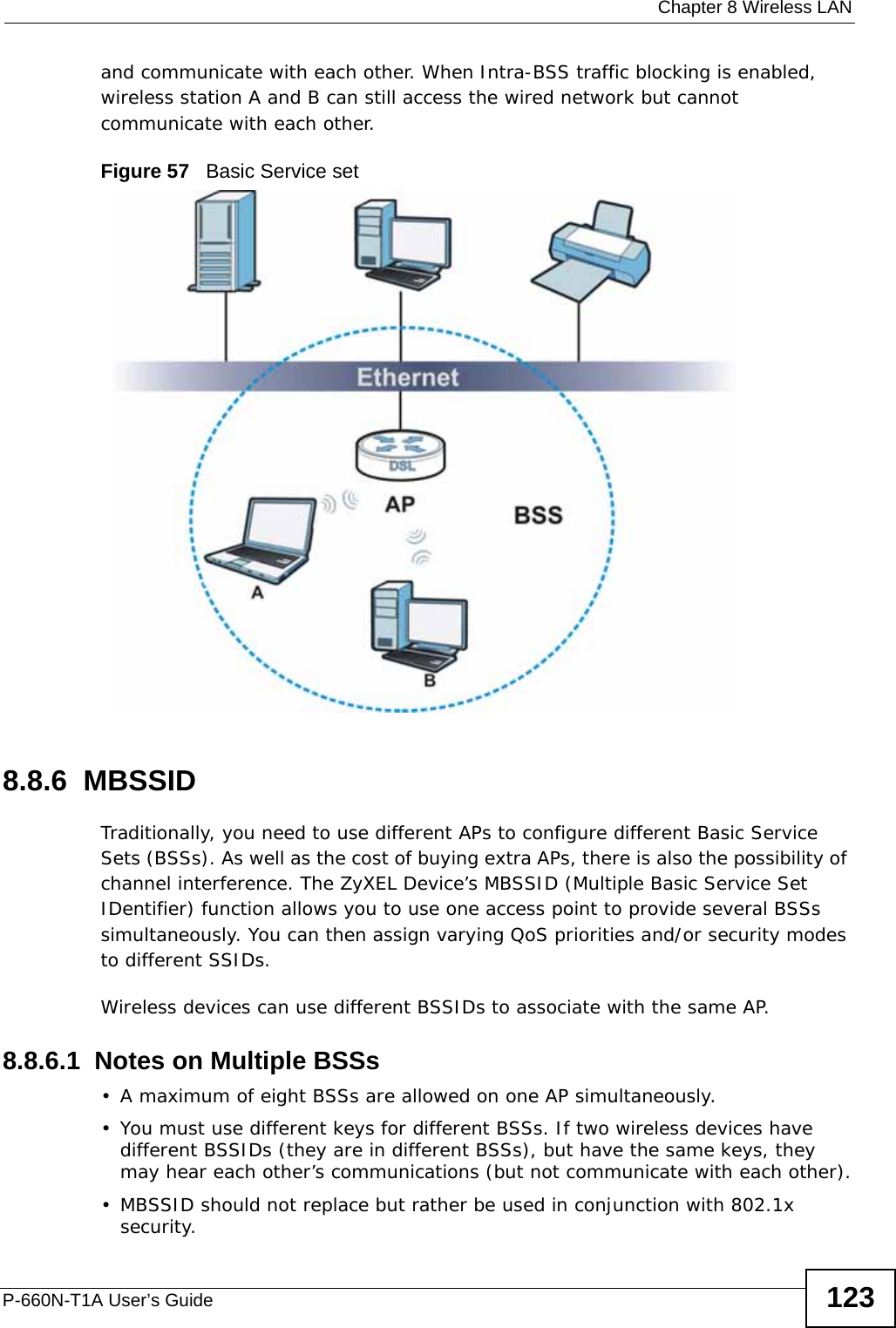  Chapter 8 Wireless LANP-660N-T1A User’s Guide 123and communicate with each other. When Intra-BSS traffic blocking is enabled, wireless station A and B can still access the wired network but cannot communicate with each other.Figure 57   Basic Service set8.8.6  MBSSIDTraditionally, you need to use different APs to configure different Basic Service Sets (BSSs). As well as the cost of buying extra APs, there is also the possibility of channel interference. The ZyXEL Device’s MBSSID (Multiple Basic Service Set IDentifier) function allows you to use one access point to provide several BSSs simultaneously. You can then assign varying QoS priorities and/or security modes to different SSIDs.Wireless devices can use different BSSIDs to associate with the same AP.8.8.6.1  Notes on Multiple BSSs• A maximum of eight BSSs are allowed on one AP simultaneously.• You must use different keys for different BSSs. If two wireless devices have different BSSIDs (they are in different BSSs), but have the same keys, they may hear each other’s communications (but not communicate with each other).• MBSSID should not replace but rather be used in conjunction with 802.1x security.