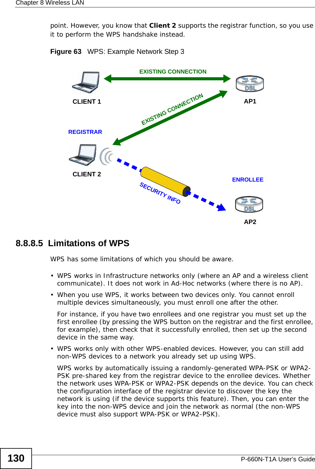 Chapter 8 Wireless LANP-660N-T1A User’s Guide130point. However, you know that Client 2 supports the registrar function, so you use it to perform the WPS handshake instead.Figure 63   WPS: Example Network Step 38.8.8.5  Limitations of WPSWPS has some limitations of which you should be aware. • WPS works in Infrastructure networks only (where an AP and a wireless client communicate). It does not work in Ad-Hoc networks (where there is no AP).• When you use WPS, it works between two devices only. You cannot enroll multiple devices simultaneously, you must enroll one after the other. For instance, if you have two enrollees and one registrar you must set up the first enrollee (by pressing the WPS button on the registrar and the first enrollee, for example), then check that it successfully enrolled, then set up the second device in the same way.• WPS works only with other WPS-enabled devices. However, you can still add non-WPS devices to a network you already set up using WPS. WPS works by automatically issuing a randomly-generated WPA-PSK or WPA2-PSK pre-shared key from the registrar device to the enrollee devices. Whether the network uses WPA-PSK or WPA2-PSK depends on the device. You can check the configuration interface of the registrar device to discover the key the network is using (if the device supports this feature). Then, you can enter the key into the non-WPS device and join the network as normal (the non-WPS device must also support WPA-PSK or WPA2-PSK).CLIENT 1 AP1REGISTRARCLIENT 2EXISTING CONNECTIONSECURITY INFOENROLLEEAP2EXISTING CONNECTION