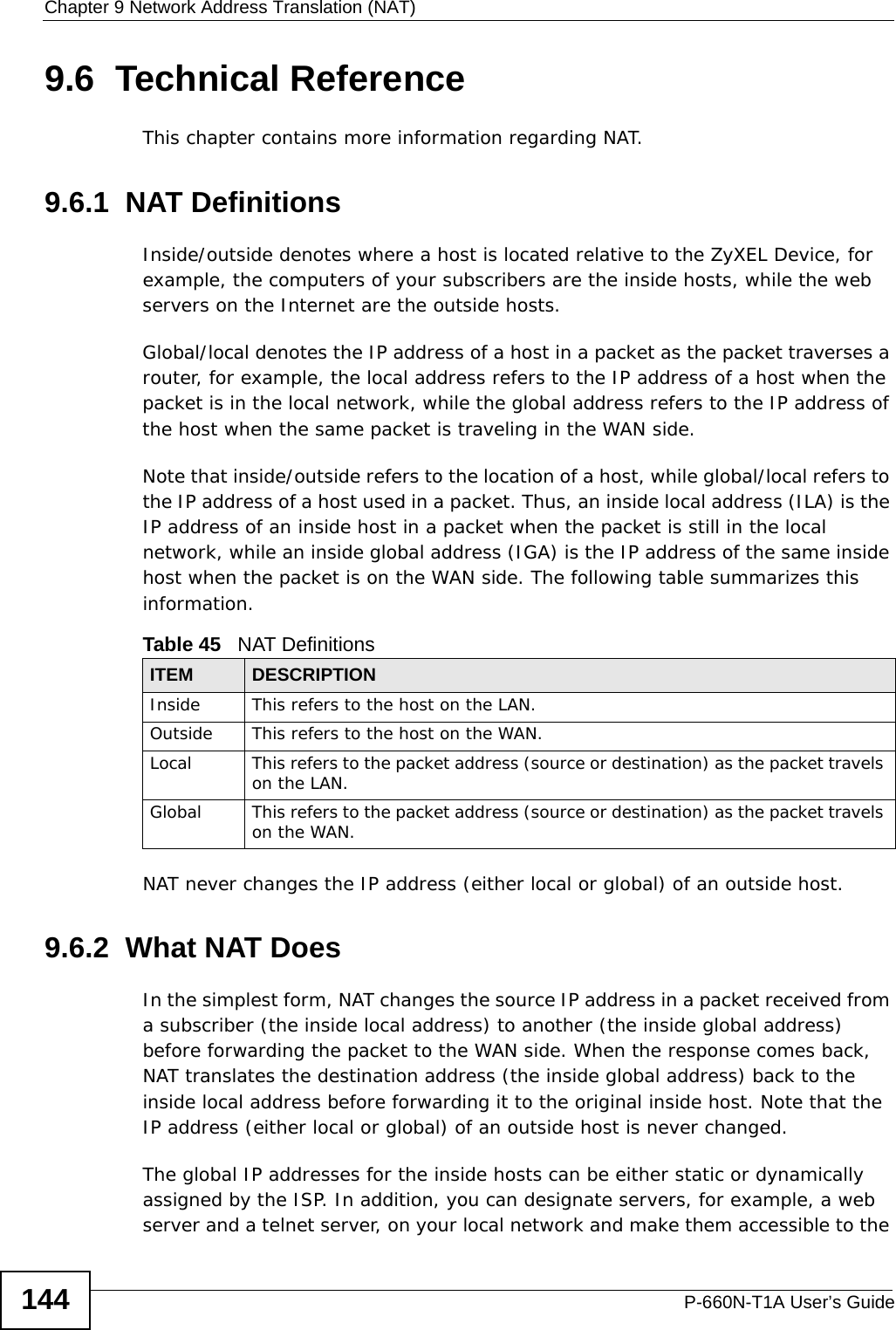 Chapter 9 Network Address Translation (NAT)P-660N-T1A User’s Guide1449.6  Technical ReferenceThis chapter contains more information regarding NAT.9.6.1  NAT DefinitionsInside/outside denotes where a host is located relative to the ZyXEL Device, for example, the computers of your subscribers are the inside hosts, while the web servers on the Internet are the outside hosts. Global/local denotes the IP address of a host in a packet as the packet traverses a router, for example, the local address refers to the IP address of a host when the packet is in the local network, while the global address refers to the IP address of the host when the same packet is traveling in the WAN side. Note that inside/outside refers to the location of a host, while global/local refers to the IP address of a host used in a packet. Thus, an inside local address (ILA) is the IP address of an inside host in a packet when the packet is still in the local network, while an inside global address (IGA) is the IP address of the same inside host when the packet is on the WAN side. The following table summarizes this information.NAT never changes the IP address (either local or global) of an outside host.9.6.2  What NAT DoesIn the simplest form, NAT changes the source IP address in a packet received from a subscriber (the inside local address) to another (the inside global address) before forwarding the packet to the WAN side. When the response comes back, NAT translates the destination address (the inside global address) back to the inside local address before forwarding it to the original inside host. Note that the IP address (either local or global) of an outside host is never changed.The global IP addresses for the inside hosts can be either static or dynamically assigned by the ISP. In addition, you can designate servers, for example, a web server and a telnet server, on your local network and make them accessible to the Table 45   NAT DefinitionsITEM DESCRIPTIONInside This refers to the host on the LAN.Outside This refers to the host on the WAN.Local This refers to the packet address (source or destination) as the packet travels on the LAN.Global This refers to the packet address (source or destination) as the packet travels on the WAN.