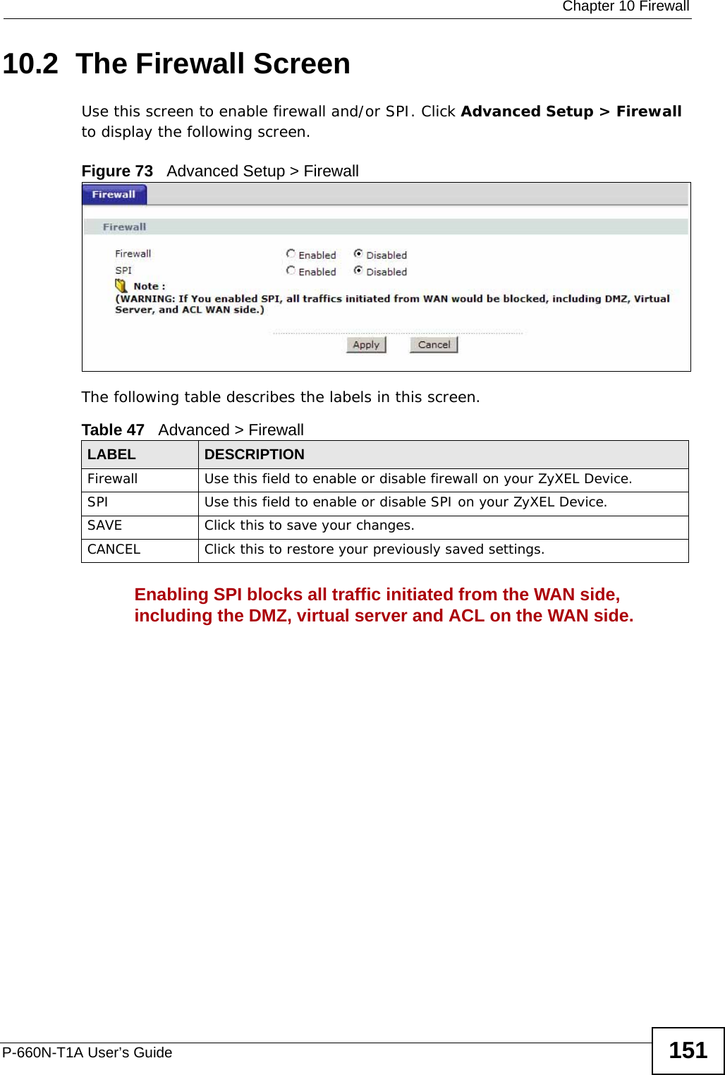  Chapter 10 FirewallP-660N-T1A User’s Guide 15110.2  The Firewall ScreenUse this screen to enable firewall and/or SPI. Click Advanced Setup &gt; Firewall to display the following screen.Figure 73   Advanced Setup &gt; FirewallThe following table describes the labels in this screen.Enabling SPI blocks all traffic initiated from the WAN side, including the DMZ, virtual server and ACL on the WAN side.Table 47   Advanced &gt; FirewallLABEL DESCRIPTIONFirewall Use this field to enable or disable firewall on your ZyXEL Device.SPI Use this field to enable or disable SPI on your ZyXEL Device.SAVE Click this to save your changes.CANCEL Click this to restore your previously saved settings.