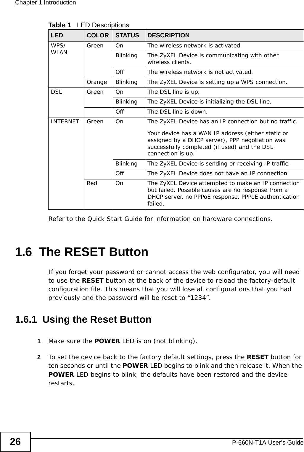 Chapter 1 IntroductionP-660N-T1A User’s Guide26Refer to the Quick Start Guide for information on hardware connections. 1.6  The RESET ButtonIf you forget your password or cannot access the web configurator, you will need to use the RESET button at the back of the device to reload the factory-default configuration file. This means that you will lose all configurations that you had previously and the password will be reset to “1234”. 1.6.1  Using the Reset Button1Make sure the POWER LED is on (not blinking).2To set the device back to the factory default settings, press the RESET button for ten seconds or until the POWER LED begins to blink and then release it. When the POWER LED begins to blink, the defaults have been restored and the device restarts.WPS/WLAN Green On The wireless network is activated.Blinking The ZyXEL Device is communicating with other wireless clients.Off The wireless network is not activated.Orange Blinking The ZyXEL Device is setting up a WPS connection.DSL Green On The DSL line is up.Blinking The ZyXEL Device is initializing the DSL line.Off The DSL line is down.INTERNET Green On The ZyXEL Device has an IP connection but no traffic.Your device has a WAN IP address (either static or assigned by a DHCP server), PPP negotiation was successfully completed (if used) and the DSL connection is up.Blinking The ZyXEL Device is sending or receiving IP traffic.Off The ZyXEL Device does not have an IP connection.Red On The ZyXEL Device attempted to make an IP connection but failed. Possible causes are no response from a DHCP server, no PPPoE response, PPPoE authentication failed.Table 1   LED DescriptionsLED COLOR STATUS DESCRIPTION