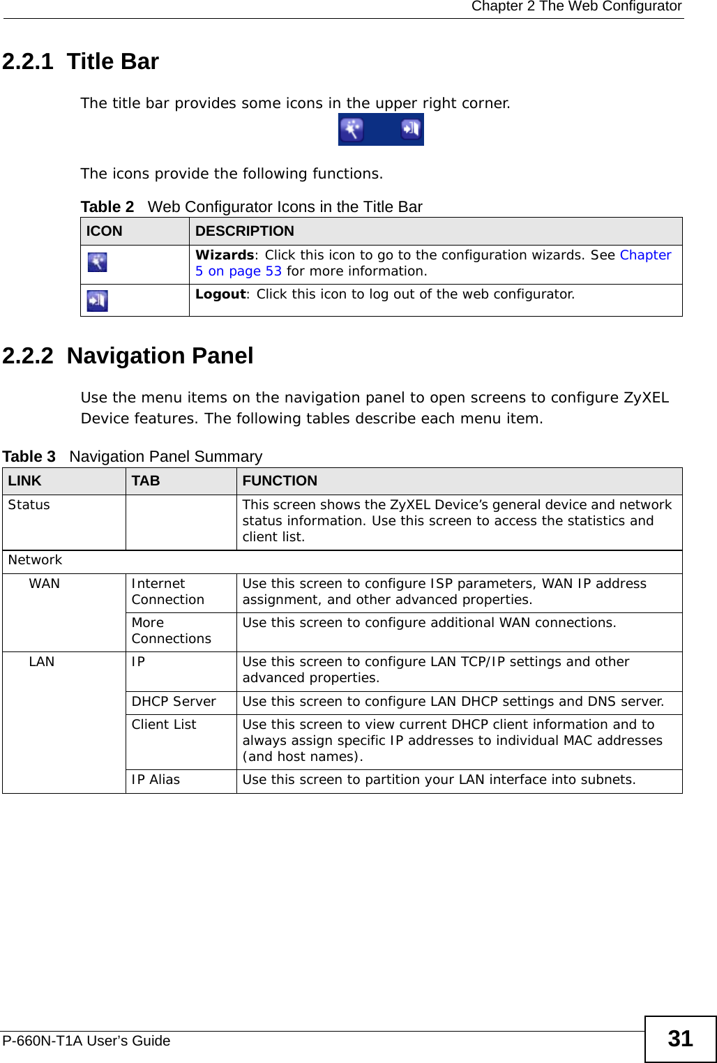  Chapter 2 The Web ConfiguratorP-660N-T1A User’s Guide 312.2.1  Title BarThe title bar provides some icons in the upper right corner.The icons provide the following functions.2.2.2  Navigation PanelUse the menu items on the navigation panel to open screens to configure ZyXEL Device features. The following tables describe each menu item.Table 2   Web Configurator Icons in the Title BarICON  DESCRIPTIONWizards: Click this icon to go to the configuration wizards. See Chapter 5 on page 53 for more information.Logout: Click this icon to log out of the web configurator.Table 3   Navigation Panel SummaryLINK TAB FUNCTIONStatus This screen shows the ZyXEL Device’s general device and network status information. Use this screen to access the statistics and client list.NetworkWAN Internet Connection Use this screen to configure ISP parameters, WAN IP address assignment, and other advanced properties.More Connections Use this screen to configure additional WAN connections.LAN IP Use this screen to configure LAN TCP/IP settings and other advanced properties.DHCP Server Use this screen to configure LAN DHCP settings and DNS server.Client List Use this screen to view current DHCP client information and to always assign specific IP addresses to individual MAC addresses (and host names).IP Alias Use this screen to partition your LAN interface into subnets.