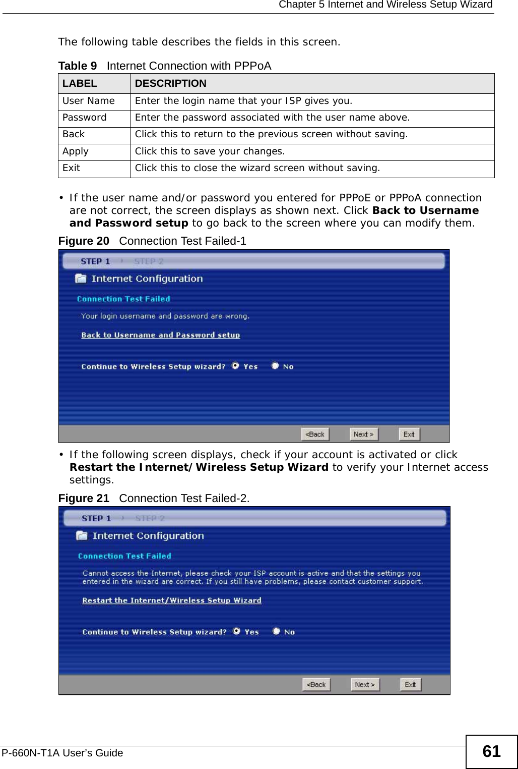  Chapter 5 Internet and Wireless Setup WizardP-660N-T1A User’s Guide 61The following table describes the fields in this screen.• If the user name and/or password you entered for PPPoE or PPPoA connection are not correct, the screen displays as shown next. Click Back to Username and Password setup to go back to the screen where you can modify them.Figure 20   Connection Test Failed-1• If the following screen displays, check if your account is activated or click Restart the Internet/Wireless Setup Wizard to verify your Internet access settings. Figure 21   Connection Test Failed-2.Table 9   Internet Connection with PPPoALABEL DESCRIPTIONUser Name Enter the login name that your ISP gives you. Password Enter the password associated with the user name above.Back Click this to return to the previous screen without saving.Apply Click this to save your changes.Exit Click this to close the wizard screen without saving.