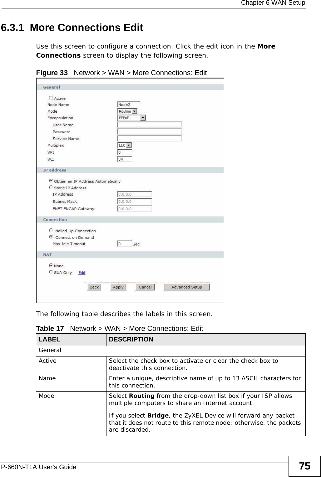  Chapter 6 WAN SetupP-660N-T1A User’s Guide 756.3.1  More Connections EditUse this screen to configure a connection. Click the edit icon in the More Connections screen to display the following screen.Figure 33   Network &gt; WAN &gt; More Connections: EditThe following table describes the labels in this screen.      Table 17   Network &gt; WAN &gt; More Connections: EditLABEL DESCRIPTIONGeneralActive Select the check box to activate or clear the check box to deactivate this connection.Name Enter a unique, descriptive name of up to 13 ASCII characters for this connection.Mode Select Routing from the drop-down list box if your ISP allows multiple computers to share an Internet account. If you select Bridge, the ZyXEL Device will forward any packet that it does not route to this remote node; otherwise, the packets are discarded.