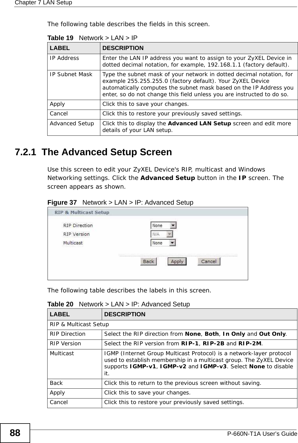 Chapter 7 LAN SetupP-660N-T1A User’s Guide88The following table describes the fields in this screen.  7.2.1  The Advanced Setup Screen Use this screen to edit your ZyXEL Device&apos;s RIP, multicast and Windows Networking settings. Click the Advanced Setup button in the IP screen. The screen appears as shown.Figure 37   Network &gt; LAN &gt; IP: Advanced SetupThe following table describes the labels in this screen.  Table 19   Network &gt; LAN &gt; IPLABEL DESCRIPTIONIP Address Enter the LAN IP address you want to assign to your ZyXEL Device in dotted decimal notation, for example, 192.168.1.1 (factory default). IP Subnet Mask  Type the subnet mask of your network in dotted decimal notation, for example 255.255.255.0 (factory default). Your ZyXEL Device automatically computes the subnet mask based on the IP Address you enter, so do not change this field unless you are instructed to do so.Apply Click this to save your changes.Cancel Click this to restore your previously saved settings.Advanced Setup Click this to display the Advanced LAN Setup screen and edit more details of your LAN setup.Table 20   Network &gt; LAN &gt; IP: Advanced SetupLABEL DESCRIPTIONRIP &amp; Multicast SetupRIP Direction Select the RIP direction from None, Both, In Only and Out Only.RIP Version Select the RIP version from RIP-1, RIP-2B and RIP-2M.Multicast IGMP (Internet Group Multicast Protocol) is a network-layer protocol used to establish membership in a multicast group. The ZyXEL Device supports IGMP-v1, IGMP-v2 and IGMP-v3. Select None to disable it.Back Click this to return to the previous screen without saving.Apply Click this to save your changes.Cancel Click this to restore your previously saved settings.