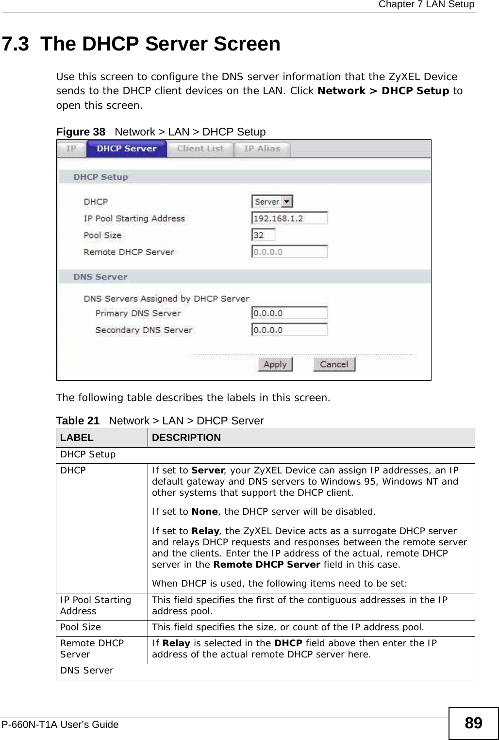  Chapter 7 LAN SetupP-660N-T1A User’s Guide 897.3  The DHCP Server ScreenUse this screen to configure the DNS server information that the ZyXEL Device sends to the DHCP client devices on the LAN. Click Network &gt; DHCP Setup to open this screen.Figure 38   Network &gt; LAN &gt; DHCP SetupThe following table describes the labels in this screen.Table 21   Network &gt; LAN &gt; DHCP ServerLABEL DESCRIPTIONDHCP SetupDHCP If set to Server, your ZyXEL Device can assign IP addresses, an IP default gateway and DNS servers to Windows 95, Windows NT and other systems that support the DHCP client.If set to None, the DHCP server will be disabled. If set to Relay, the ZyXEL Device acts as a surrogate DHCP server and relays DHCP requests and responses between the remote server and the clients. Enter the IP address of the actual, remote DHCP server in the Remote DHCP Server field in this case. When DHCP is used, the following items need to be set: IP Pool Starting Address This field specifies the first of the contiguous addresses in the IP address pool.Pool Size This field specifies the size, or count of the IP address pool.Remote DHCP Server If Relay is selected in the DHCP field above then enter the IP address of the actual remote DHCP server here.DNS Server