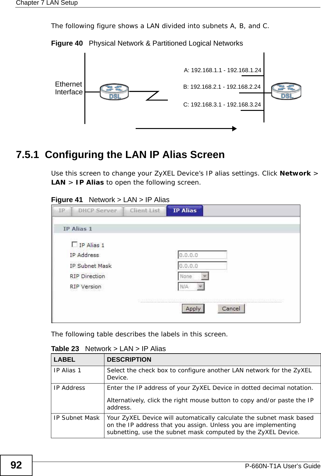 Chapter 7 LAN SetupP-660N-T1A User’s Guide92The following figure shows a LAN divided into subnets A, B, and C.Figure 40   Physical Network &amp; Partitioned Logical Networks7.5.1  Configuring the LAN IP Alias ScreenUse this screen to change your ZyXEL Device’s IP alias settings. Click Network &gt; LAN &gt; IP Alias to open the following screen.Figure 41   Network &gt; LAN &gt; IP AliasThe following table describes the labels in this screen. EthernetInterfaceA: 192.168.1.1 - 192.168.1.24B: 192.168.2.1 - 192.168.2.24C: 192.168.3.1 - 192.168.3.24Table 23   Network &gt; LAN &gt; IP Alias LABEL DESCRIPTIONIP Alias 1 Select the check box to configure another LAN network for the ZyXEL Device.IP Address Enter the IP address of your ZyXEL Device in dotted decimal notation. Alternatively, click the right mouse button to copy and/or paste the IP address.IP Subnet Mask Your ZyXEL Device will automatically calculate the subnet mask based on the IP address that you assign. Unless you are implementing subnetting, use the subnet mask computed by the ZyXEL Device.