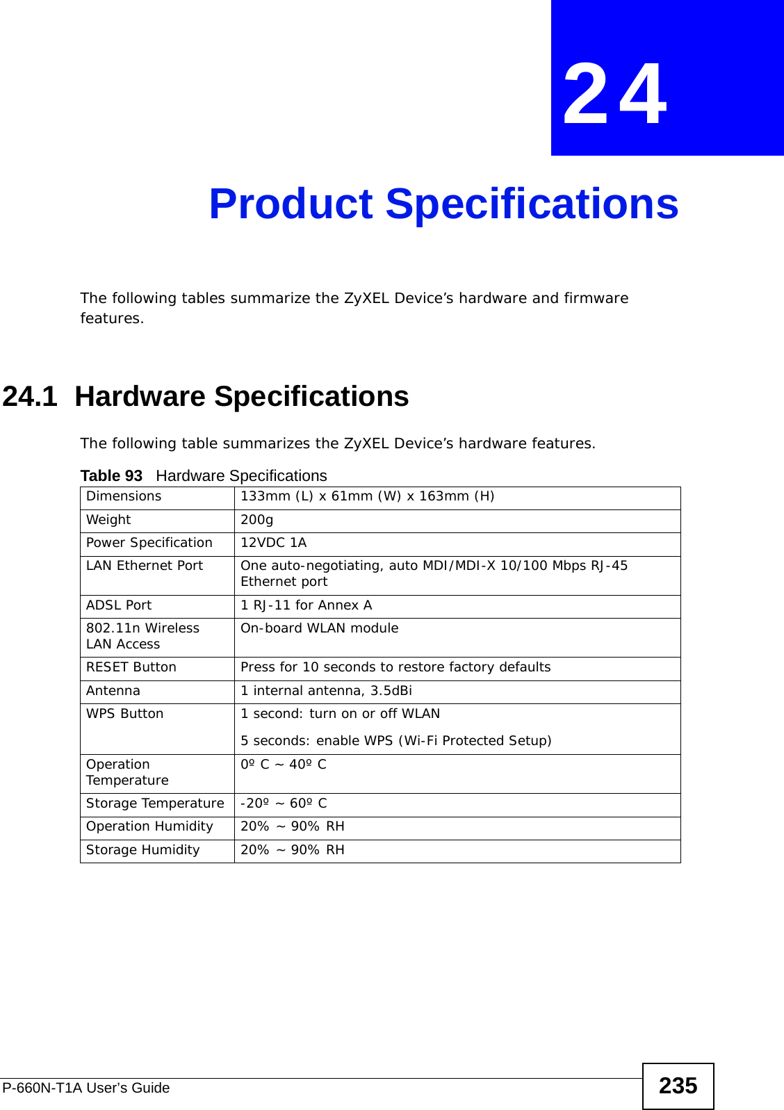 P-660N-T1A User’s Guide 235CHAPTER  24 Product SpecificationsThe following tables summarize the ZyXEL Device’s hardware and firmware features.24.1  Hardware SpecificationsThe following table summarizes the ZyXEL Device’s hardware features. Table 93   Hardware SpecificationsDimensions 133mm (L) x 61mm (W) x 163mm (H)Weight 200gPower Specification 12VDC 1ALAN Ethernet Port One auto-negotiating, auto MDI/MDI-X 10/100 Mbps RJ-45 Ethernet portADSL Port 1 RJ-11 for Annex A802.11n Wireless LAN Access On-board WLAN moduleRESET Button Press for 10 seconds to restore factory defaultsAntenna 1 internal antenna, 3.5dBiWPS Button 1 second: turn on or off WLAN5 seconds: enable WPS (Wi-Fi Protected Setup)Operation Temperature 0º C ~ 40º CStorage Temperature -20º ~ 60º COperation Humidity 20% ~ 90% RHStorage Humidity 20% ~ 90% RH