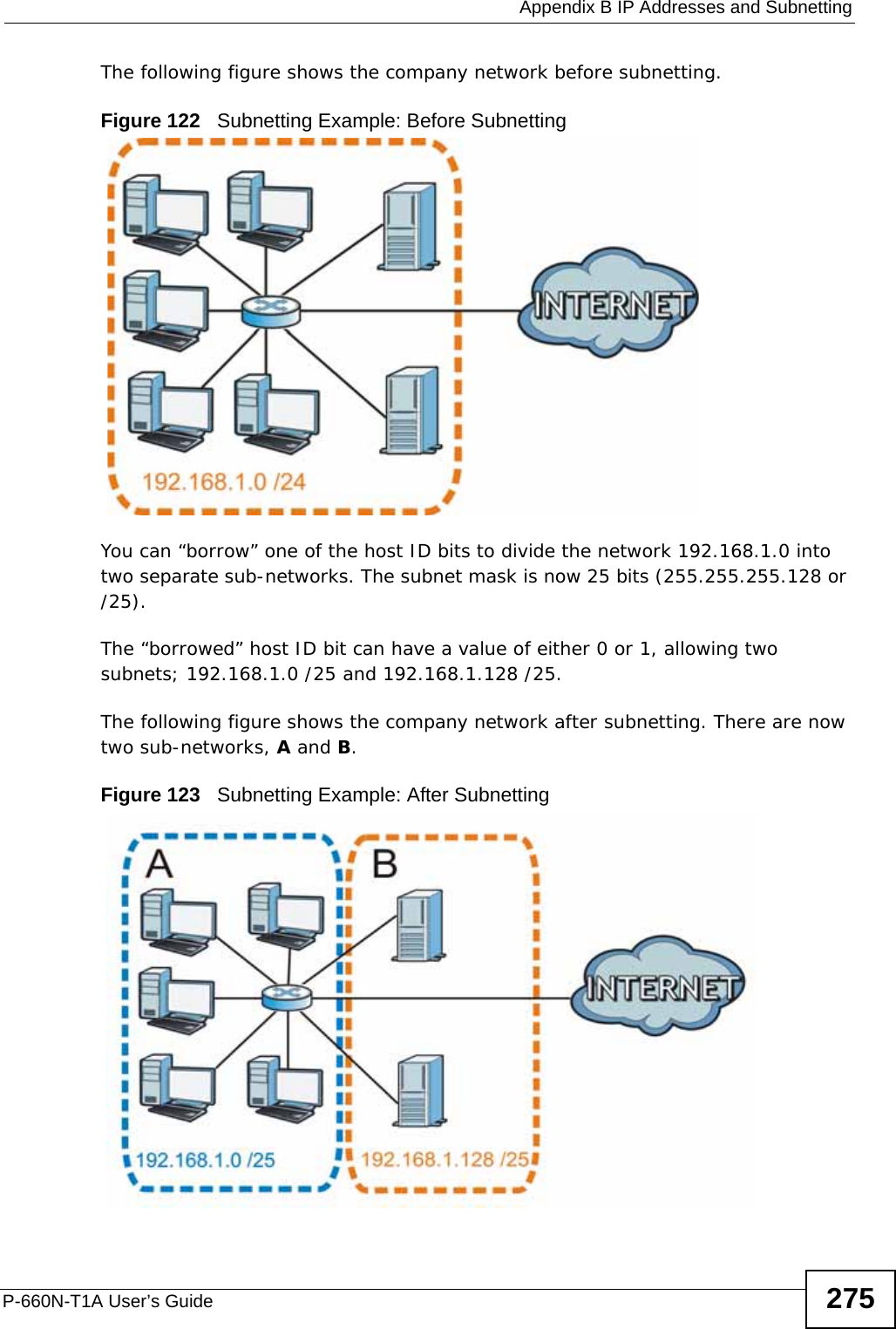  Appendix B IP Addresses and SubnettingP-660N-T1A User’s Guide 275The following figure shows the company network before subnetting.  Figure 122   Subnetting Example: Before SubnettingYou can “borrow” one of the host ID bits to divide the network 192.168.1.0 into two separate sub-networks. The subnet mask is now 25 bits (255.255.255.128 or /25).The “borrowed” host ID bit can have a value of either 0 or 1, allowing two subnets; 192.168.1.0 /25 and 192.168.1.128 /25. The following figure shows the company network after subnetting. There are now two sub-networks, A and B. Figure 123   Subnetting Example: After Subnetting