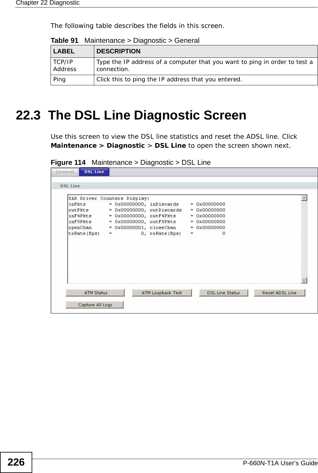 Chapter 22 DiagnosticP-660N-T1A User’s Guide226The following table describes the fields in this screen. 22.3  The DSL Line Diagnostic Screen Use this screen to view the DSL line statistics and reset the ADSL line. Click Maintenance &gt; Diagnostic &gt; DSL Line to open the screen shown next.Figure 114   Maintenance &gt; Diagnostic &gt; DSL LineTable 91   Maintenance &gt; Diagnostic &gt; GeneralLABEL DESCRIPTIONTCP/IP Address Type the IP address of a computer that you want to ping in order to test a connection.Ping Click this to ping the IP address that you entered.