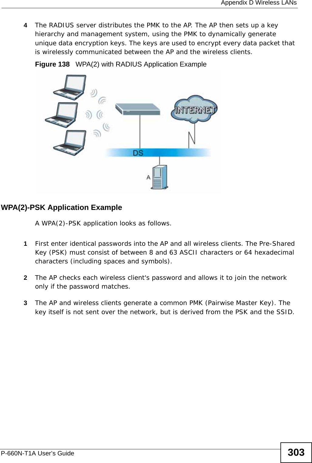  Appendix D Wireless LANsP-660N-T1A User’s Guide 3034The RADIUS server distributes the PMK to the AP. The AP then sets up a key hierarchy and management system, using the PMK to dynamically generate unique data encryption keys. The keys are used to encrypt every data packet that is wirelessly communicated between the AP and the wireless clients.Figure 138   WPA(2) with RADIUS Application ExampleWPA(2)-PSK Application ExampleA WPA(2)-PSK application looks as follows.1First enter identical passwords into the AP and all wireless clients. The Pre-Shared Key (PSK) must consist of between 8 and 63 ASCII characters or 64 hexadecimal characters (including spaces and symbols).2The AP checks each wireless client&apos;s password and allows it to join the network only if the password matches.3The AP and wireless clients generate a common PMK (Pairwise Master Key). The key itself is not sent over the network, but is derived from the PSK and the SSID. 