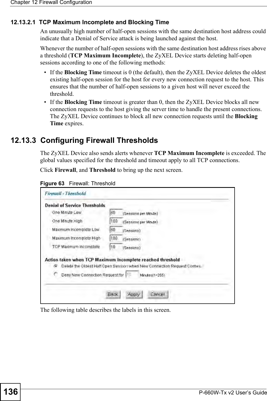 Chapter 12 Firewall ConfigurationP-660W-Tx v2 User’s Guide13612.13.2.1  TCP Maximum Incomplete and Blocking TimeAn unusually high number of half-open sessions with the same destination host address could indicate that a Denial of Service attack is being launched against the host. Whenever the number of half-open sessions with the same destination host address rises above a threshold (TCP Maximum Incomplete), the ZyXEL Device starts deleting half-open sessions according to one of the following methods:• If the Blocking Time timeout is 0 (the default), then the ZyXEL Device deletes the oldest existing half-open session for the host for every new connection request to the host. This ensures that the number of half-open sessions to a given host will never exceed the threshold. • If the Blocking Time timeout is greater than 0, then the ZyXEL Device blocks all new connection requests to the host giving the server time to handle the present connections. The ZyXEL Device continues to block all new connection requests until the Blocking Time expires. 12.13.3  Configuring Firewall Thresholds The ZyXEL Device also sends alerts whenever TCP Maximum Incomplete is exceeded. The global values specified for the threshold and timeout apply to all TCP connections. Click Firewall, and Threshold to bring up the next screen.Figure 63   Firewall: ThresholdThe following table describes the labels in this screen.