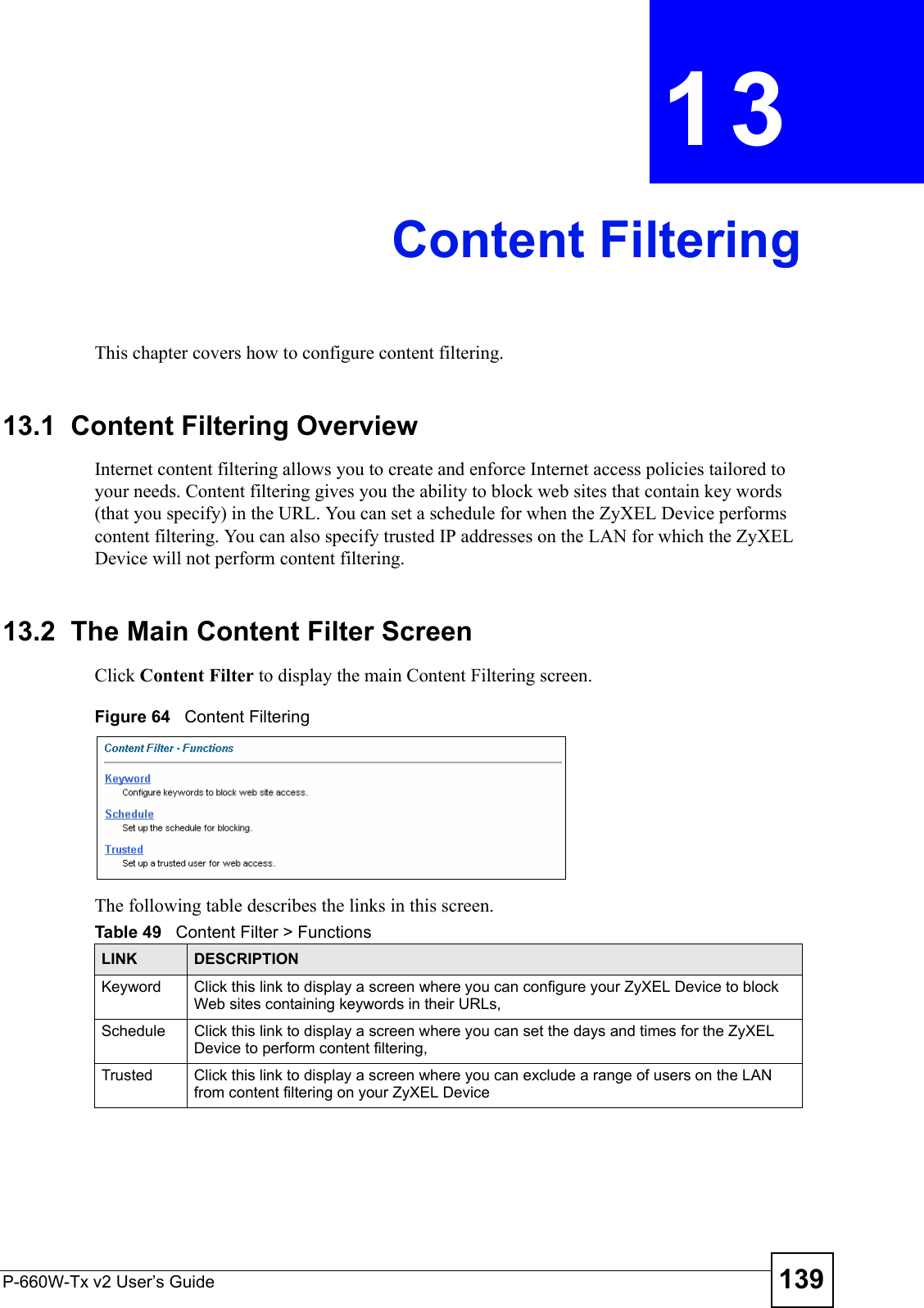 P-660W-Tx v2 User’s Guide 139CHAPTER  13 Content FilteringThis chapter covers how to configure content filtering.13.1  Content Filtering Overview Internet content filtering allows you to create and enforce Internet access policies tailored to your needs. Content filtering gives you the ability to block web sites that contain key words (that you specify) in the URL. You can set a schedule for when the ZyXEL Device performs content filtering. You can also specify trusted IP addresses on the LAN for which the ZyXEL Device will not perform content filtering.13.2  The Main Content Filter Screen Click Content Filter to display the main Content Filtering screen. Figure 64   Content Filtering The following table describes the links in this screen. Table 49   Content Filter &gt; FunctionsLINK DESCRIPTIONKeyword Click this link to display a screen where you can configure your ZyXEL Device to block Web sites containing keywords in their URLs, Schedule Click this link to display a screen where you can set the days and times for the ZyXEL Device to perform content filtering, Trusted Click this link to display a screen where you can exclude a range of users on the LAN from content filtering on your ZyXEL Device