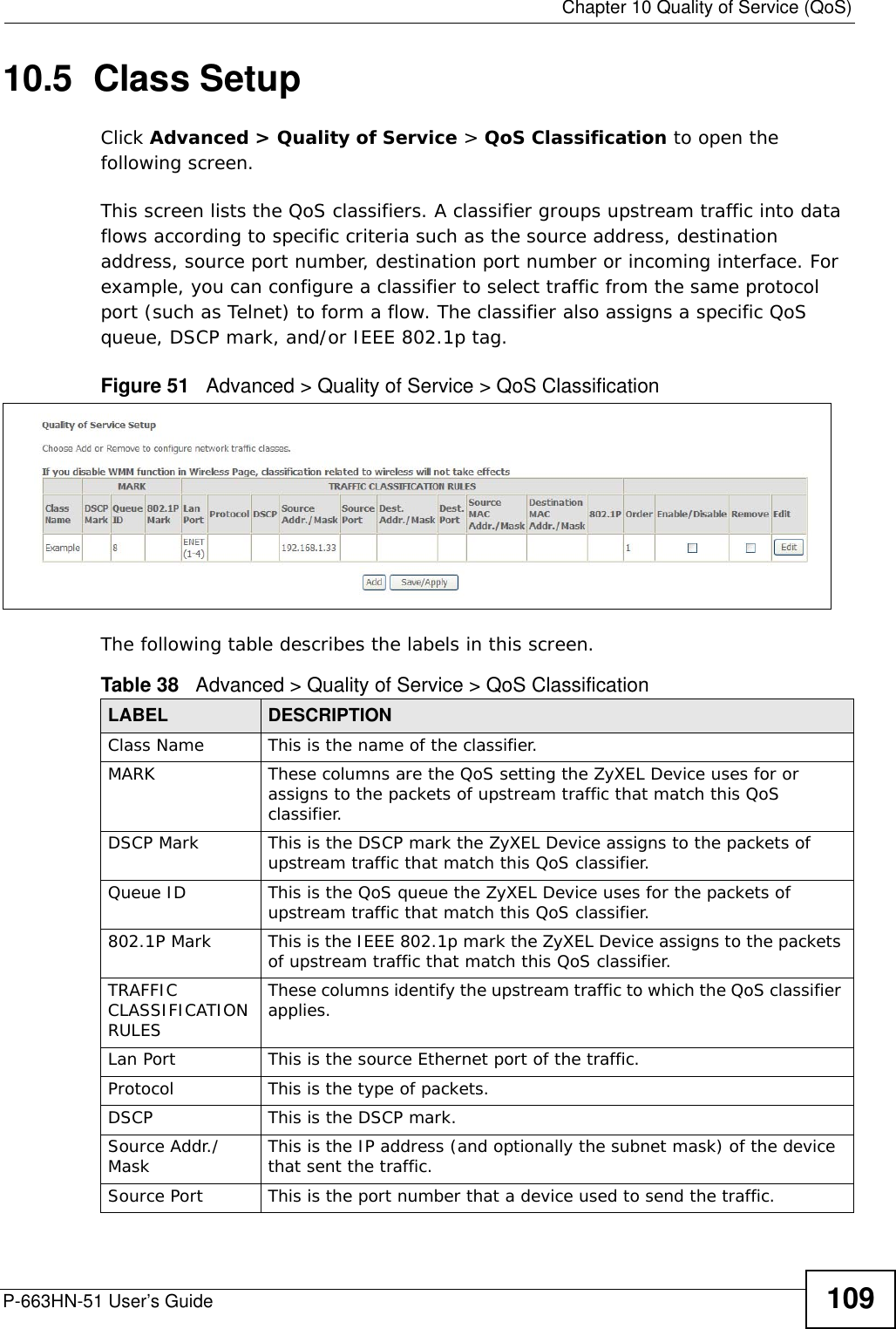  Chapter 10 Quality of Service (QoS)P-663HN-51 User’s Guide 10910.5  Class Setup   Click Advanced &gt; Quality of Service &gt; QoS Classification to open the following screen.This screen lists the QoS classifiers. A classifier groups upstream traffic into data flows according to specific criteria such as the source address, destination address, source port number, destination port number or incoming interface. For example, you can configure a classifier to select traffic from the same protocol port (such as Telnet) to form a flow. The classifier also assigns a specific QoS queue, DSCP mark, and/or IEEE 802.1p tag.Figure 51   Advanced &gt; Quality of Service &gt; QoS ClassificationThe following table describes the labels in this screen.  Table 38   Advanced &gt; Quality of Service &gt; QoS ClassificationLABEL DESCRIPTIONClass Name This is the name of the classifier.MARK These columns are the QoS setting the ZyXEL Device uses for or assigns to the packets of upstream traffic that match this QoS classifier.DSCP Mark This is the DSCP mark the ZyXEL Device assigns to the packets of upstream traffic that match this QoS classifier.Queue ID This is the QoS queue the ZyXEL Device uses for the packets of upstream traffic that match this QoS classifier.802.1P Mark This is the IEEE 802.1p mark the ZyXEL Device assigns to the packets of upstream traffic that match this QoS classifier.TRAFFIC CLASSIFICATION RULESThese columns identify the upstream traffic to which the QoS classifier applies.Lan Port This is the source Ethernet port of the traffic.Protocol This is the type of packets.DSCP This is the DSCP mark.Source Addr./Mask This is the IP address (and optionally the subnet mask) of the device that sent the traffic.Source Port This is the port number that a device used to send the traffic.