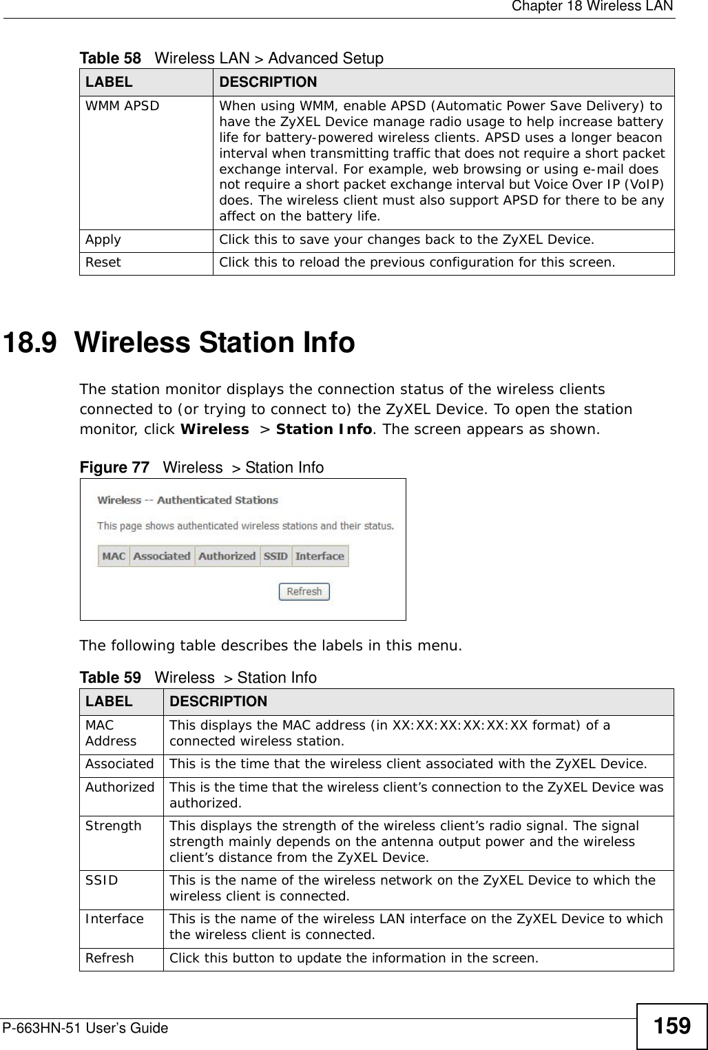  Chapter 18 Wireless LANP-663HN-51 User’s Guide 15918.9  Wireless Station InfoThe station monitor displays the connection status of the wireless clients connected to (or trying to connect to) the ZyXEL Device. To open the station monitor, click Wireless  &gt; Station Info. The screen appears as shown.Figure 77   Wireless  &gt; Station InfoThe following table describes the labels in this menu.WMM APSD When using WMM, enable APSD (Automatic Power Save Delivery) to have the ZyXEL Device manage radio usage to help increase battery life for battery-powered wireless clients. APSD uses a longer beacon interval when transmitting traffic that does not require a short packet exchange interval. For example, web browsing or using e-mail does not require a short packet exchange interval but Voice Over IP (VoIP) does. The wireless client must also support APSD for there to be any affect on the battery life. Apply Click this to save your changes back to the ZyXEL Device.Reset Click this to reload the previous configuration for this screen.Table 58   Wireless LAN &gt; Advanced SetupLABEL DESCRIPTIONTable 59   Wireless  &gt; Station InfoLABEL DESCRIPTIONMAC Address This displays the MAC address (in XX:XX:XX:XX:XX:XX format) of a connected wireless station. Associated This is the time that the wireless client associated with the ZyXEL Device.Authorized This is the time that the wireless client’s connection to the ZyXEL Device was authorized.Strength This displays the strength of the wireless client’s radio signal. The signal strength mainly depends on the antenna output power and the wireless client’s distance from the ZyXEL Device. SSID This is the name of the wireless network on the ZyXEL Device to which the wireless client is connected.Interface This is the name of the wireless LAN interface on the ZyXEL Device to which the wireless client is connected.Refresh Click this button to update the information in the screen.