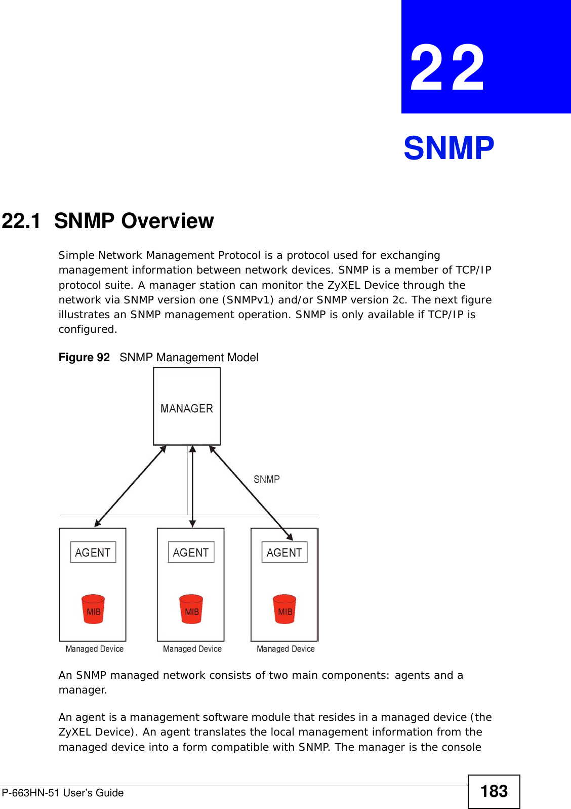 P-663HN-51 User’s Guide 183CHAPTER  22 SNMP22.1  SNMP OverviewSimple Network Management Protocol is a protocol used for exchanging management information between network devices. SNMP is a member of TCP/IP protocol suite. A manager station can monitor the ZyXEL Device through the network via SNMP version one (SNMPv1) and/or SNMP version 2c. The next figure illustrates an SNMP management operation. SNMP is only available if TCP/IP is configured.Figure 92   SNMP Management ModelAn SNMP managed network consists of two main components: agents and a manager.An agent is a management software module that resides in a managed device (the ZyXEL Device). An agent translates the local management information from the managed device into a form compatible with SNMP. The manager is the console 
