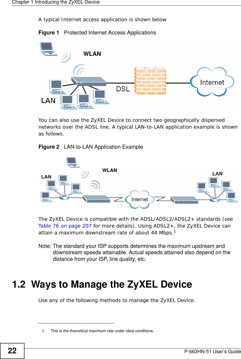 Chapter 1 Introducing the ZyXEL DeviceP-663HN-51 User’s Guide22A typical Internet access application is shown belowFigure 1   Protected Internet Access ApplicationsYou can also use the ZyXEL Device to connect two geographically dispersed networks over the ADSL line. A typical LAN-to-LAN application example is shown as follows.Figure 2   LAN-to-LAN Application ExampleThe ZyXEL Device is compatible with the ADSL/ADSL2/ADSL2+ standards (see Table 76 on page 207 for more details). Using ADSL2+, the ZyXEL Device can attain a maximum downstream rate of about 44 Mbps.1Note: The standard your ISP supports determines the maximum upstream and downstream speeds attainable. Actual speeds attained also depend on the distance from your ISP, line quality, etc.1.2  Ways to Manage the ZyXEL DeviceUse any of the following methods to manage the ZyXEL Device.1. This is the theoretical maximum rate under ideal conditions.WLANWLAN