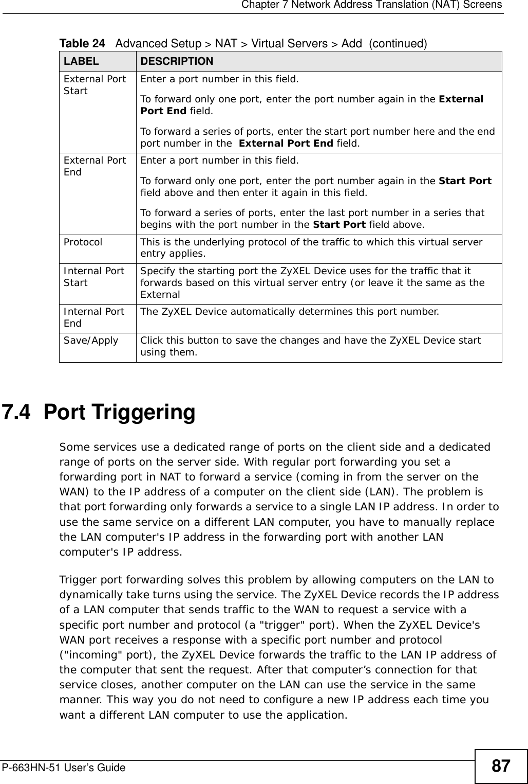  Chapter 7 Network Address Translation (NAT) ScreensP-663HN-51 User’s Guide 877.4  Port Triggering   Some services use a dedicated range of ports on the client side and a dedicated range of ports on the server side. With regular port forwarding you set a forwarding port in NAT to forward a service (coming in from the server on the WAN) to the IP address of a computer on the client side (LAN). The problem is that port forwarding only forwards a service to a single LAN IP address. In order to use the same service on a different LAN computer, you have to manually replace the LAN computer&apos;s IP address in the forwarding port with another LAN computer&apos;s IP address. Trigger port forwarding solves this problem by allowing computers on the LAN to dynamically take turns using the service. The ZyXEL Device records the IP address of a LAN computer that sends traffic to the WAN to request a service with a specific port number and protocol (a &quot;trigger&quot; port). When the ZyXEL Device&apos;s WAN port receives a response with a specific port number and protocol (&quot;incoming&quot; port), the ZyXEL Device forwards the traffic to the LAN IP address of the computer that sent the request. After that computer’s connection for that service closes, another computer on the LAN can use the service in the same manner. This way you do not need to configure a new IP address each time you want a different LAN computer to use the application.External Port Start Enter a port number in this field. To forward only one port, enter the port number again in the External Port End field. To forward a series of ports, enter the start port number here and the end port number in the  External Port End field.External Port End Enter a port number in this field. To forward only one port, enter the port number again in the Start Port field above and then enter it again in this field. To forward a series of ports, enter the last port number in a series that begins with the port number in the Start Port field above.Protocol This is the underlying protocol of the traffic to which this virtual server entry applies.Internal Port Start Specify the starting port the ZyXEL Device uses for the traffic that it forwards based on this virtual server entry (or leave it the same as the External Internal Port End The ZyXEL Device automatically determines this port number.Save/Apply Click this button to save the changes and have the ZyXEL Device start using them.Table 24   Advanced Setup &gt; NAT &gt; Virtual Servers &gt; Add  (continued)LABEL DESCRIPTION
