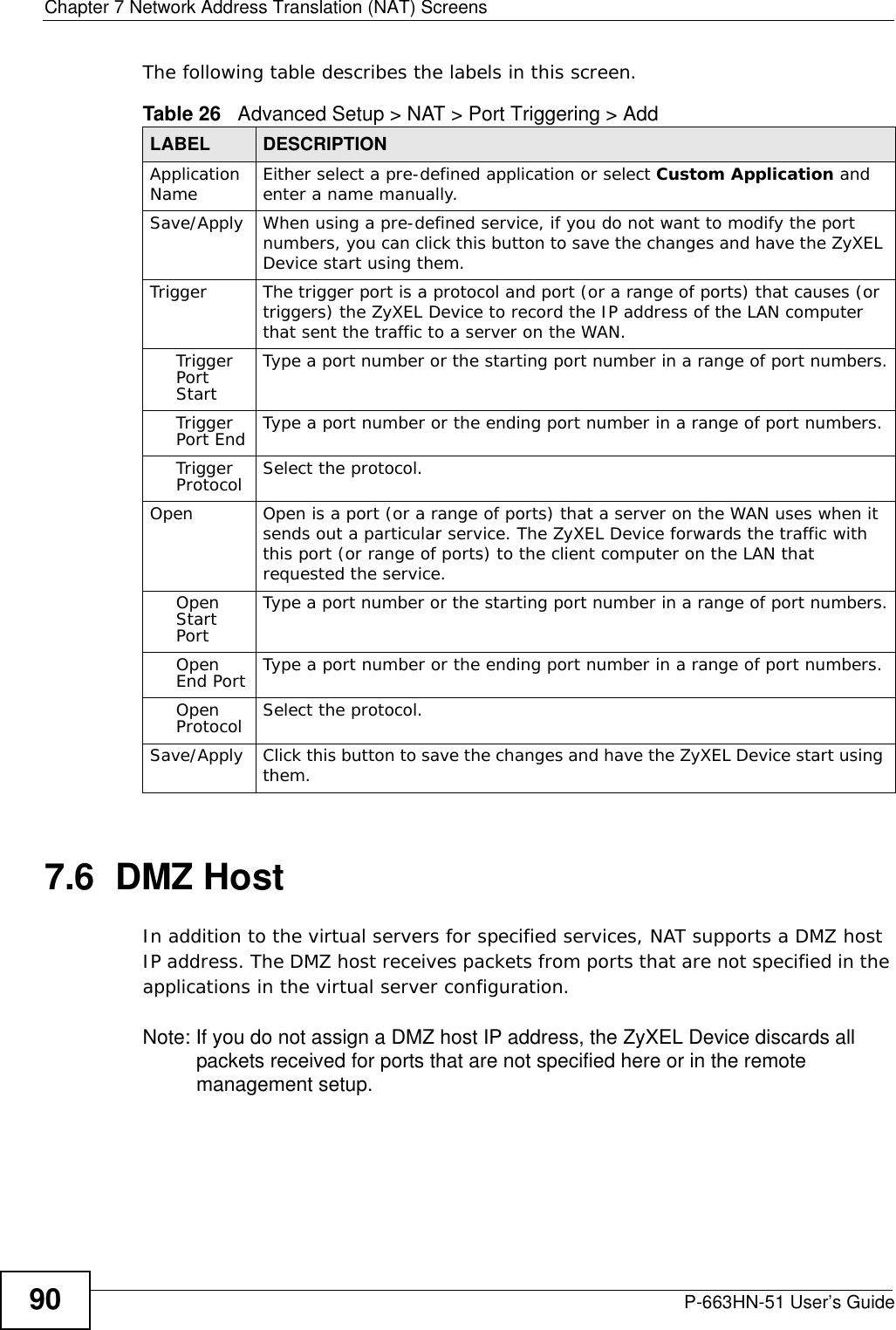 Chapter 7 Network Address Translation (NAT) ScreensP-663HN-51 User’s Guide90The following table describes the labels in this screen.  7.6  DMZ HostIn addition to the virtual servers for specified services, NAT supports a DMZ host IP address. The DMZ host receives packets from ports that are not specified in the applications in the virtual server configuration.Note: If you do not assign a DMZ host IP address, the ZyXEL Device discards all packets received for ports that are not specified here or in the remote management setup.Table 26   Advanced Setup &gt; NAT &gt; Port Triggering &gt; Add LABEL DESCRIPTIONApplication Name Either select a pre-defined application or select Custom Application and enter a name manually. Save/Apply When using a pre-defined service, if you do not want to modify the port numbers, you can click this button to save the changes and have the ZyXEL Device start using them.Trigger  The trigger port is a protocol and port (or a range of ports) that causes (or triggers) the ZyXEL Device to record the IP address of the LAN computer that sent the traffic to a server on the WAN.Trigger Port StartType a port number or the starting port number in a range of port numbers.Trigger Port End Type a port number or the ending port number in a range of port numbers.Trigger Protocol Select the protocol.Open Open is a port (or a range of ports) that a server on the WAN uses when it sends out a particular service. The ZyXEL Device forwards the traffic with this port (or range of ports) to the client computer on the LAN that requested the service. Open Start PortType a port number or the starting port number in a range of port numbers.Open End Port Type a port number or the ending port number in a range of port numbers.Open Protocol Select the protocol.Save/Apply Click this button to save the changes and have the ZyXEL Device start using them.