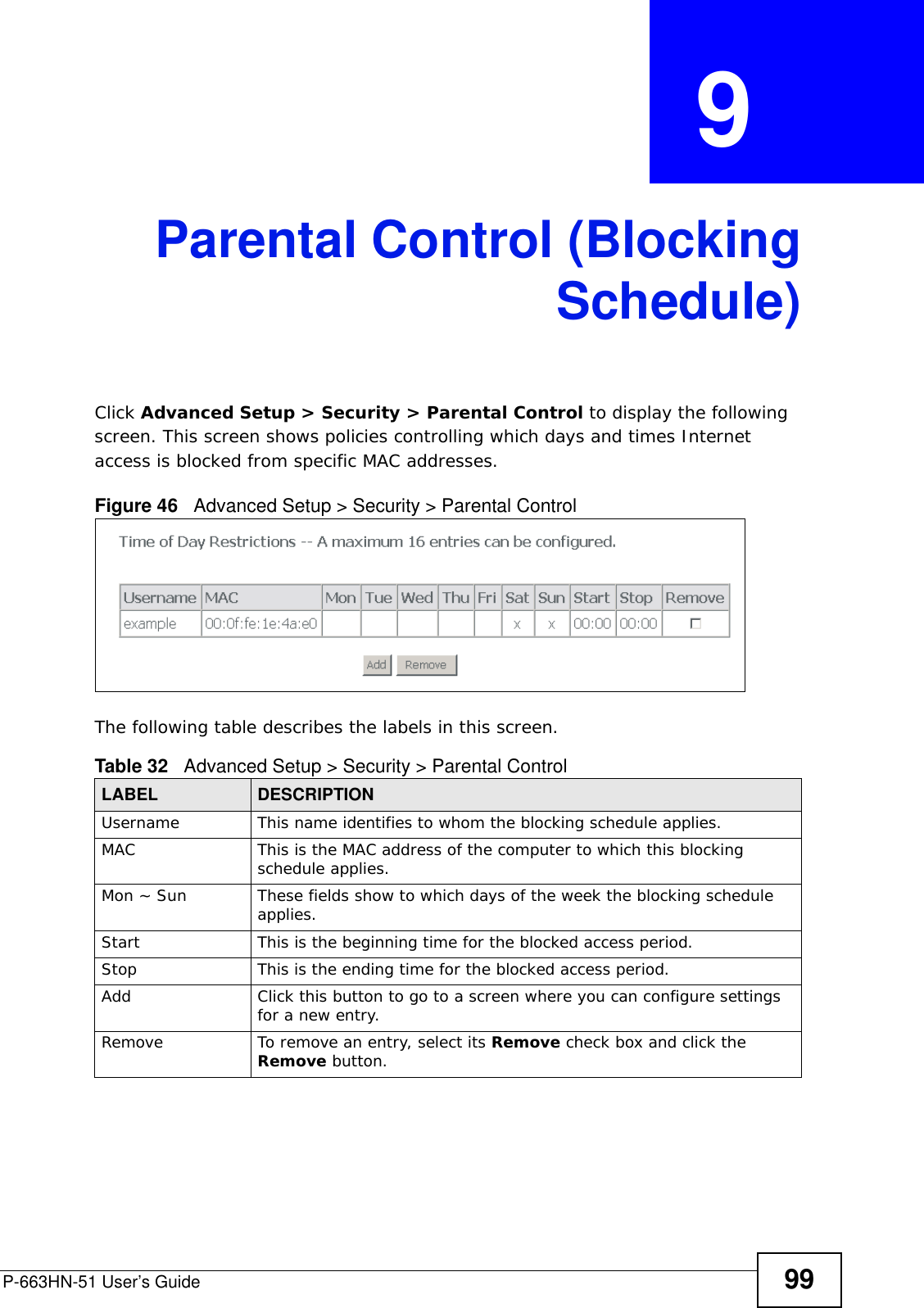 P-663HN-51 User’s Guide 99CHAPTER  9 Parental Control (BlockingSchedule)Click Advanced Setup &gt; Security &gt; Parental Control to display the following screen. This screen shows policies controlling which days and times Internet access is blocked from specific MAC addresses.Figure 46   Advanced Setup &gt; Security &gt; Parental Control The following table describes the labels in this screen. Table 32   Advanced Setup &gt; Security &gt; Parental ControlLABEL DESCRIPTIONUsername This name identifies to whom the blocking schedule applies. MAC This is the MAC address of the computer to which this blocking schedule applies. Mon ~ Sun  These fields show to which days of the week the blocking schedule applies.Start This is the beginning time for the blocked access period. Stop This is the ending time for the blocked access period. Add Click this button to go to a screen where you can configure settings for a new entry.Remove To remove an entry, select its Remove check box and click the Remove button. 