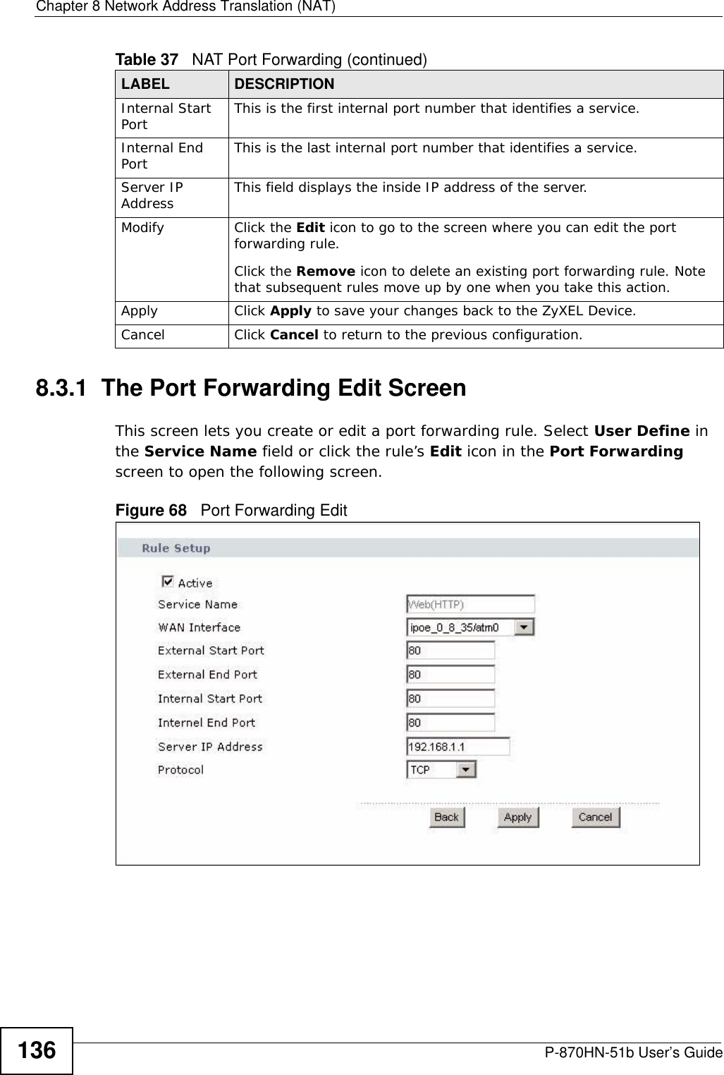 Chapter 8 Network Address Translation (NAT)P-870HN-51b User’s Guide1368.3.1  The Port Forwarding Edit Screen This screen lets you create or edit a port forwarding rule. Select User Define in the Service Name field or click the rule’s Edit icon in the Port Forwarding screen to open the following screen.Figure 68   Port Forwarding Edit Internal Start Port  This is the first internal port number that identifies a service.Internal End Port  This is the last internal port number that identifies a service.Server IP Address This field displays the inside IP address of the server.Modify Click the Edit icon to go to the screen where you can edit the port forwarding rule.Click the Remove icon to delete an existing port forwarding rule. Note that subsequent rules move up by one when you take this action.Apply Click Apply to save your changes back to the ZyXEL Device.Cancel Click Cancel to return to the previous configuration.Table 37   NAT Port Forwarding (continued)LABEL DESCRIPTION