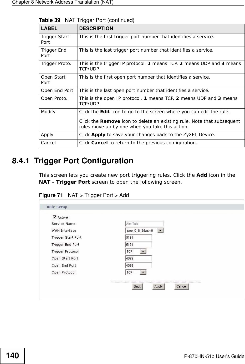 Chapter 8 Network Address Translation (NAT)P-870HN-51b User’s Guide1408.4.1  Trigger Port Configuration This screen lets you create new port triggering rules. Click the Add icon in the NAT - Trigger Port screen to open the following screen.Figure 71   NAT &gt; Trigger Port &gt; Add  Trigger Start Port   This is the first trigger port number that identifies a service.Trigger End Port  This is the last trigger port number that identifies a service.Trigger Proto. This is the trigger IP protocol. 1 means TCP, 2 means UDP and 3 means TCP/UDP.Open Start Port  This is the first open port number that identifies a service.Open End Port  This is the last open port number that identifies a service.Open Proto. This is the open IP protocol. 1 means TCP, 2 means UDP and 3 means TCP/UDP.Modify Click the Edit icon to go to the screen where you can edit the rule.Click the Remove icon to delete an existing rule. Note that subsequent rules move up by one when you take this action.Apply Click Apply to save your changes back to the ZyXEL Device.Cancel Click Cancel to return to the previous configuration.Table 39   NAT Trigger Port (continued)LABEL DESCRIPTION