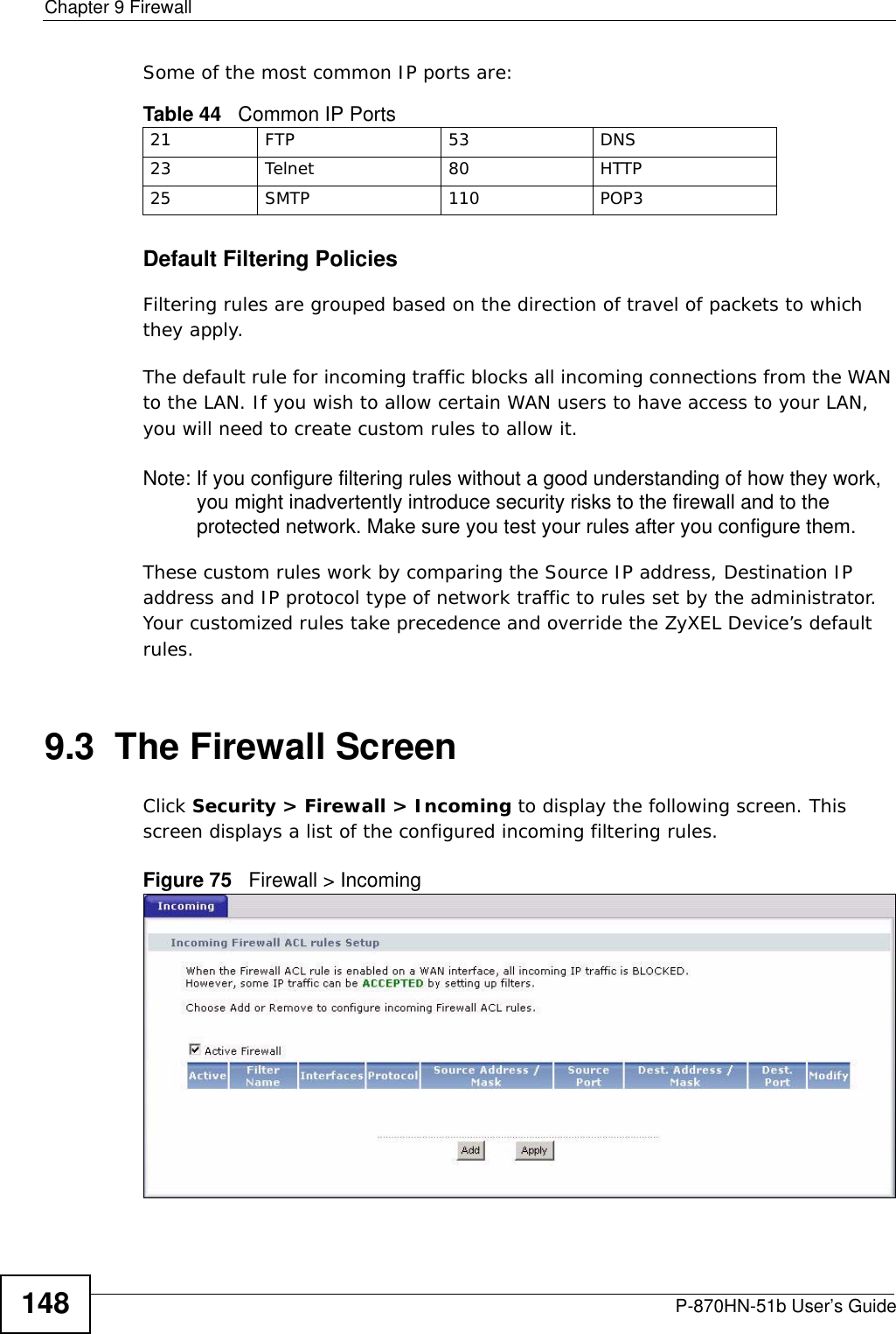 Chapter 9 FirewallP-870HN-51b User’s Guide148Some of the most common IP ports are: Default Filtering Policies Filtering rules are grouped based on the direction of travel of packets to which they apply. The default rule for incoming traffic blocks all incoming connections from the WAN to the LAN. If you wish to allow certain WAN users to have access to your LAN, you will need to create custom rules to allow it.Note: If you configure filtering rules without a good understanding of how they work, you might inadvertently introduce security risks to the firewall and to the protected network. Make sure you test your rules after you configure them.These custom rules work by comparing the Source IP address, Destination IP address and IP protocol type of network traffic to rules set by the administrator. Your customized rules take precedence and override the ZyXEL Device’s default rules. 9.3  The Firewall ScreenClick Security &gt; Firewall &gt; Incoming to display the following screen. This screen displays a list of the configured incoming filtering rules. Figure 75   Firewall &gt; Incoming Table 44   Common IP Ports21 FTP 53 DNS23 Telnet 80 HTTP25 SMTP 110 POP3