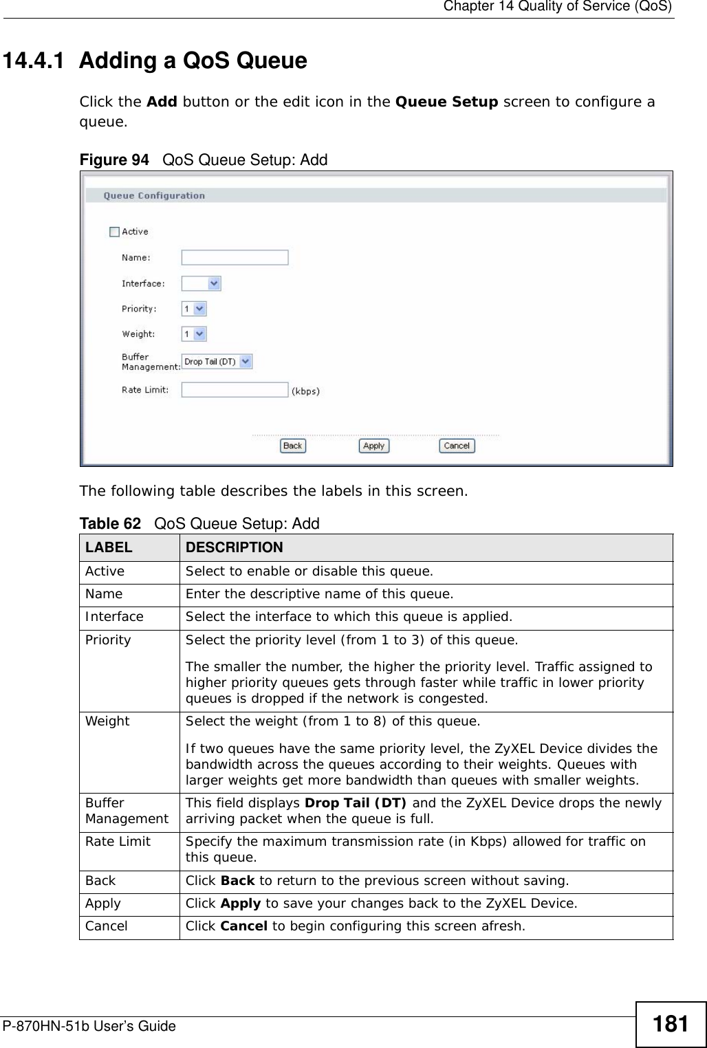  Chapter 14 Quality of Service (QoS)P-870HN-51b User’s Guide 18114.4.1  Adding a QoS Queue Click the Add button or the edit icon in the Queue Setup screen to configure a queue. Figure 94   QoS Queue Setup: Add The following table describes the labels in this screen.  Table 62   QoS Queue Setup: AddLABEL DESCRIPTIONActive Select to enable or disable this queue.Name Enter the descriptive name of this queue.Interface Select the interface to which this queue is applied.Priority Select the priority level (from 1 to 3) of this queue.The smaller the number, the higher the priority level. Traffic assigned to higher priority queues gets through faster while traffic in lower priority queues is dropped if the network is congested.Weight Select the weight (from 1 to 8) of this queue. If two queues have the same priority level, the ZyXEL Device divides the bandwidth across the queues according to their weights. Queues with larger weights get more bandwidth than queues with smaller weights.Buffer Management This field displays Drop Tail (DT) and the ZyXEL Device drops the newly arriving packet when the queue is full.Rate Limit Specify the maximum transmission rate (in Kbps) allowed for traffic on this queue.Back Click Back to return to the previous screen without saving.Apply Click Apply to save your changes back to the ZyXEL Device.Cancel Click Cancel to begin configuring this screen afresh.