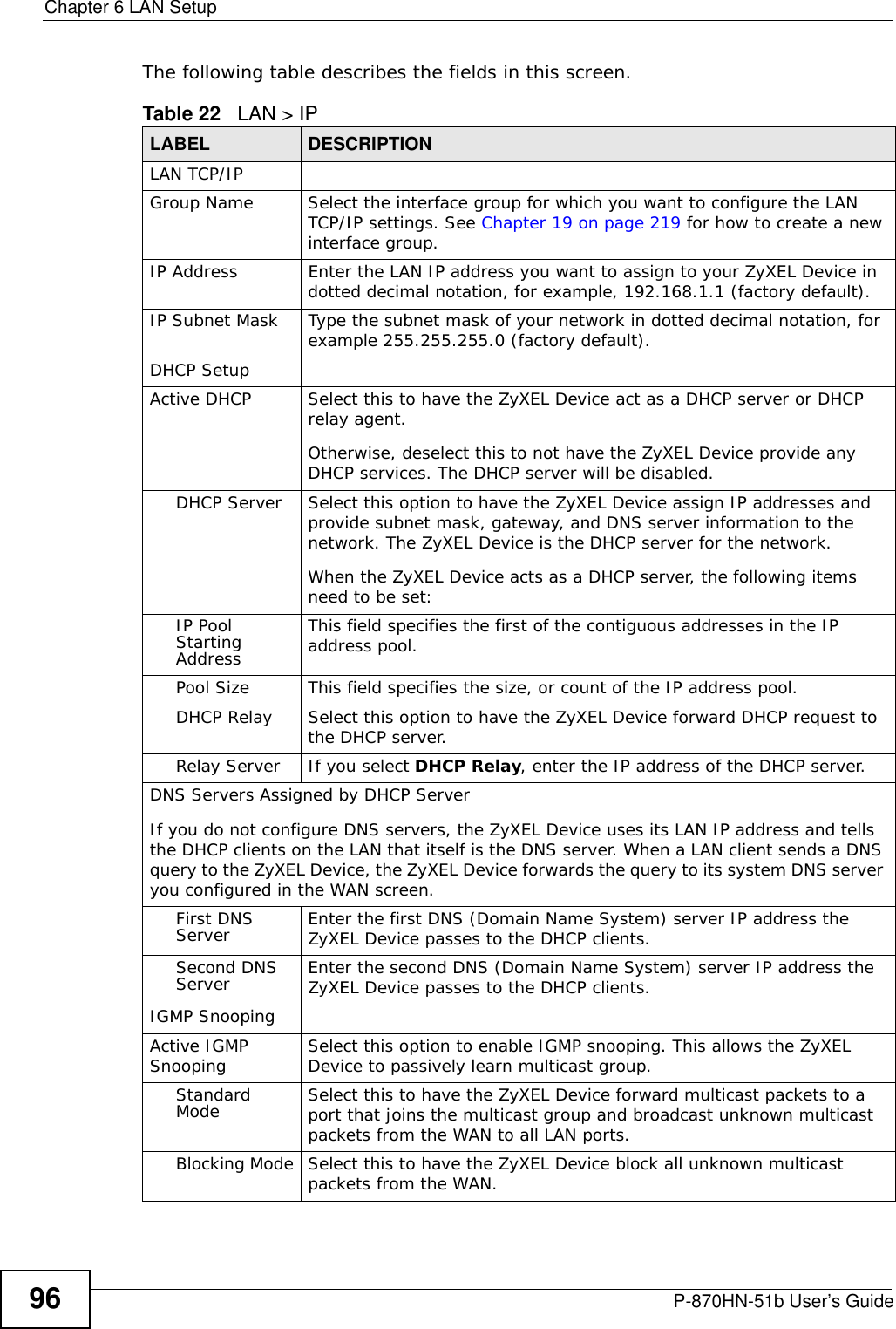 Chapter 6 LAN SetupP-870HN-51b User’s Guide96The following table describes the fields in this screen.  Table 22   LAN &gt; IPLABEL DESCRIPTIONLAN TCP/IPGroup Name Select the interface group for which you want to configure the LAN TCP/IP settings. See Chapter 19 on page 219 for how to create a new interface group.IP Address Enter the LAN IP address you want to assign to your ZyXEL Device in dotted decimal notation, for example, 192.168.1.1 (factory default). IP Subnet Mask  Type the subnet mask of your network in dotted decimal notation, for example 255.255.255.0 (factory default).DHCP SetupActive DHCP  Select this to have the ZyXEL Device act as a DHCP server or DHCP relay agent.Otherwise, deselect this to not have the ZyXEL Device provide any DHCP services. The DHCP server will be disabled. DHCP Server Select this option to have the ZyXEL Device assign IP addresses and provide subnet mask, gateway, and DNS server information to the network. The ZyXEL Device is the DHCP server for the network.When the ZyXEL Device acts as a DHCP server, the following items need to be set: IP Pool Starting AddressThis field specifies the first of the contiguous addresses in the IP address pool.Pool Size This field specifies the size, or count of the IP address pool.DHCP Relay Select this option to have the ZyXEL Device forward DHCP request to the DHCP server. Relay Server If you select DHCP Relay, enter the IP address of the DHCP server.DNS Servers Assigned by DHCP ServerIf you do not configure DNS servers, the ZyXEL Device uses its LAN IP address and tells the DHCP clients on the LAN that itself is the DNS server. When a LAN client sends a DNS query to the ZyXEL Device, the ZyXEL Device forwards the query to its system DNS server you configured in the WAN screen.First DNS Server Enter the first DNS (Domain Name System) server IP address the ZyXEL Device passes to the DHCP clients. Second DNS Server Enter the second DNS (Domain Name System) server IP address the ZyXEL Device passes to the DHCP clients. IGMP SnoopingActive IGMP Snooping Select this option to enable IGMP snooping. This allows the ZyXEL Device to passively learn multicast group.Standard Mode Select this to have the ZyXEL Device forward multicast packets to a port that joins the multicast group and broadcast unknown multicast packets from the WAN to all LAN ports.Blocking Mode Select this to have the ZyXEL Device block all unknown multicast packets from the WAN.