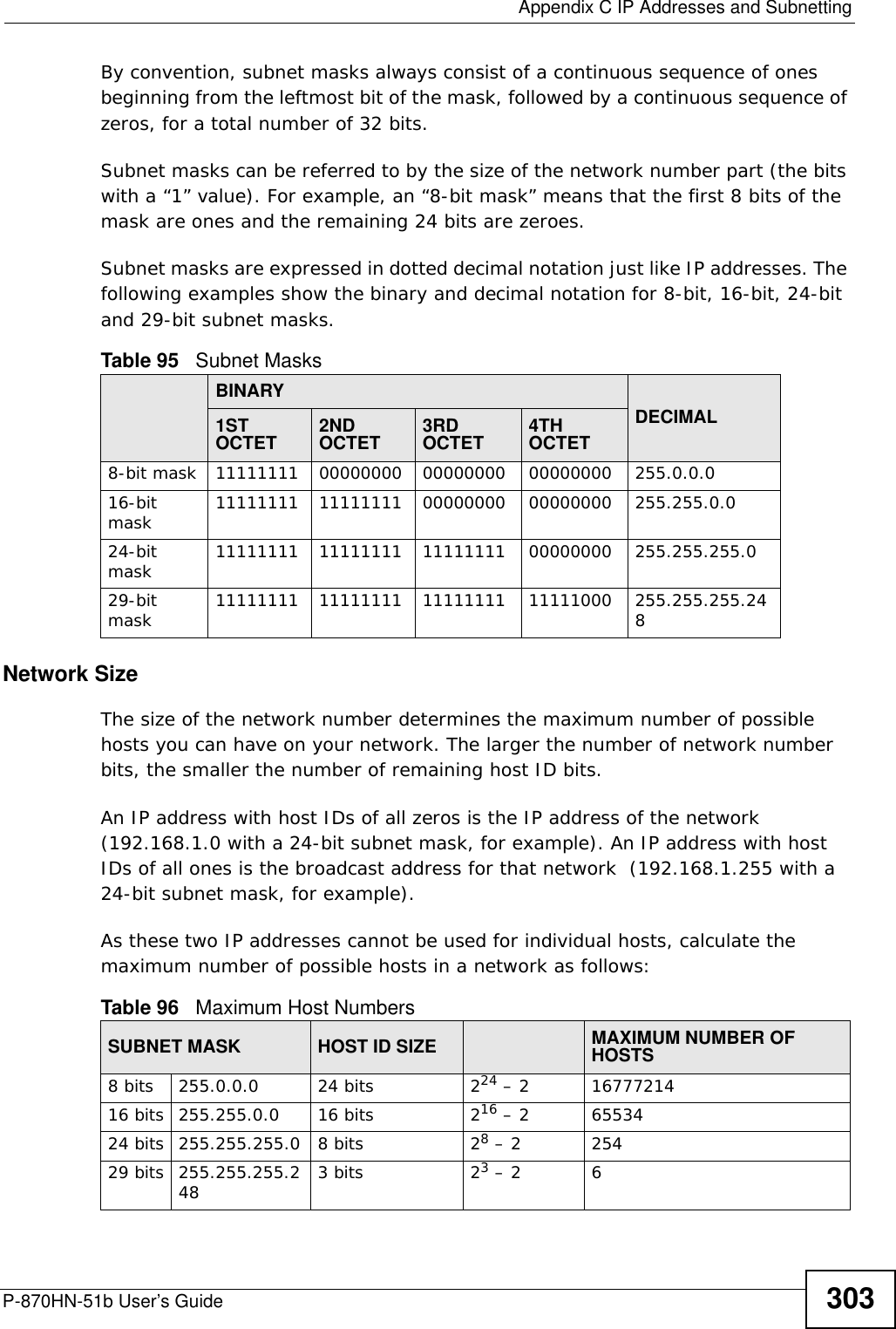  Appendix C IP Addresses and SubnettingP-870HN-51b User’s Guide 303By convention, subnet masks always consist of a continuous sequence of ones beginning from the leftmost bit of the mask, followed by a continuous sequence of zeros, for a total number of 32 bits.Subnet masks can be referred to by the size of the network number part (the bits with a “1” value). For example, an “8-bit mask” means that the first 8 bits of the mask are ones and the remaining 24 bits are zeroes.Subnet masks are expressed in dotted decimal notation just like IP addresses. The following examples show the binary and decimal notation for 8-bit, 16-bit, 24-bit and 29-bit subnet masks. Network SizeThe size of the network number determines the maximum number of possible hosts you can have on your network. The larger the number of network number bits, the smaller the number of remaining host ID bits. An IP address with host IDs of all zeros is the IP address of the network (192.168.1.0 with a 24-bit subnet mask, for example). An IP address with host IDs of all ones is the broadcast address for that network  (192.168.1.255 with a 24-bit subnet mask, for example).As these two IP addresses cannot be used for individual hosts, calculate the maximum number of possible hosts in a network as follows:Table 95   Subnet MasksBINARYDECIMAL1ST OCTET 2ND OCTET 3RD OCTET 4TH OCTET8-bit mask 11111111 00000000 00000000 00000000 255.0.0.016-bit mask 11111111 11111111 00000000 00000000 255.255.0.024-bit mask 11111111 11111111 11111111 00000000 255.255.255.029-bit mask 11111111 11111111 11111111 11111000 255.255.255.248Table 96   Maximum Host NumbersSUBNET MASK HOST ID SIZE MAXIMUM NUMBER OF HOSTS8 bits 255.0.0.0 24 bits 224 – 2 1677721416 bits 255.255.0.0 16 bits 216 – 2 6553424 bits 255.255.255.0 8 bits 28 – 2 25429 bits 255.255.255.248 3 bits 23 – 2 6