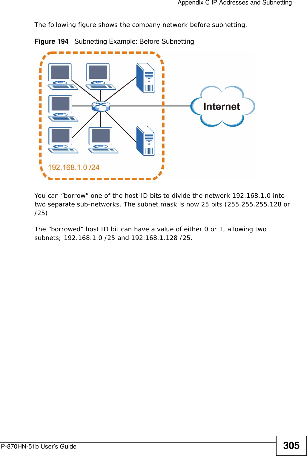  Appendix C IP Addresses and SubnettingP-870HN-51b User’s Guide 305The following figure shows the company network before subnetting.  Figure 194   Subnetting Example: Before SubnettingYou can “borrow” one of the host ID bits to divide the network 192.168.1.0 into two separate sub-networks. The subnet mask is now 25 bits (255.255.255.128 or /25).The “borrowed” host ID bit can have a value of either 0 or 1, allowing two subnets; 192.168.1.0 /25 and 192.168.1.128 /25. 