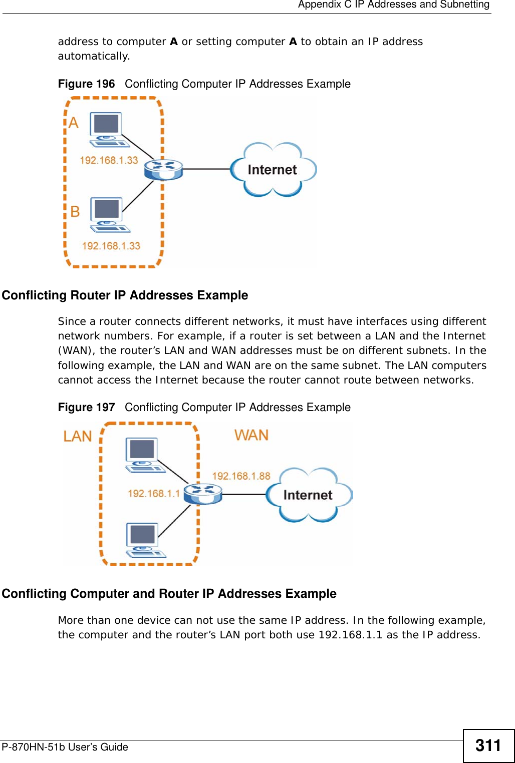  Appendix C IP Addresses and SubnettingP-870HN-51b User’s Guide 311address to computer A or setting computer A to obtain an IP address automatically.  Figure 196   Conflicting Computer IP Addresses ExampleConflicting Router IP Addresses ExampleSince a router connects different networks, it must have interfaces using different network numbers. For example, if a router is set between a LAN and the Internet (WAN), the router’s LAN and WAN addresses must be on different subnets. In the following example, the LAN and WAN are on the same subnet. The LAN computers cannot access the Internet because the router cannot route between networks.Figure 197   Conflicting Computer IP Addresses ExampleConflicting Computer and Router IP Addresses ExampleMore than one device can not use the same IP address. In the following example, the computer and the router’s LAN port both use 192.168.1.1 as the IP address. 