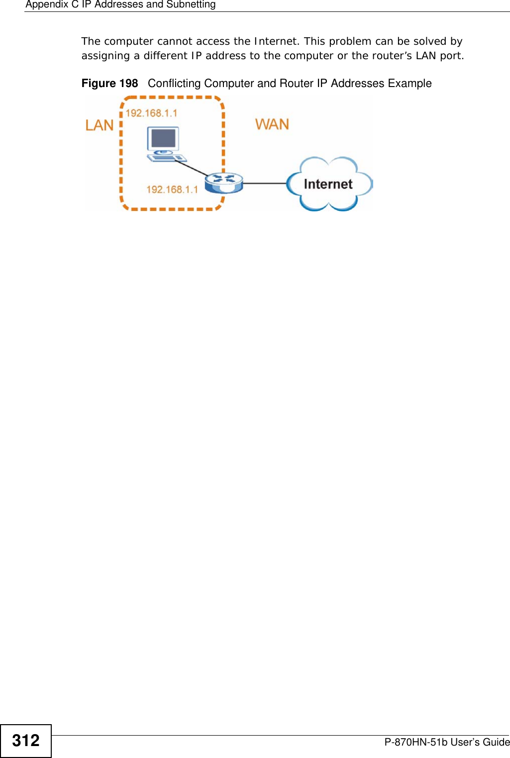 Appendix C IP Addresses and SubnettingP-870HN-51b User’s Guide312The computer cannot access the Internet. This problem can be solved by assigning a different IP address to the computer or the router’s LAN port.  Figure 198   Conflicting Computer and Router IP Addresses Example