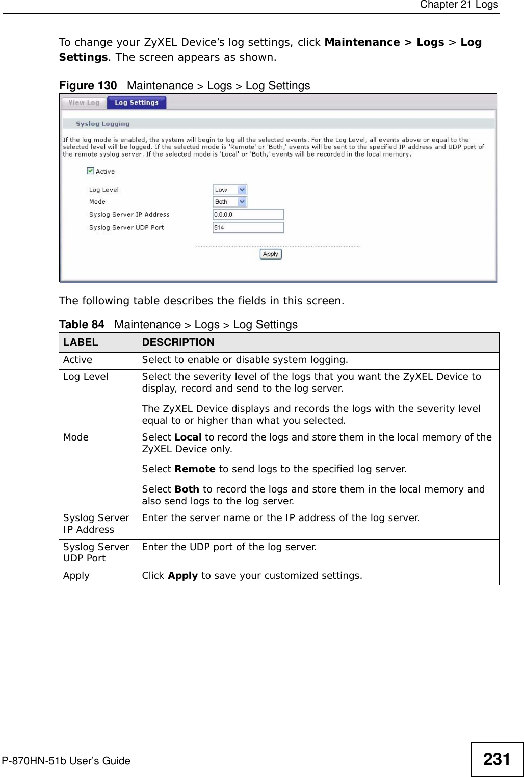  Chapter 21 LogsP-870HN-51b User’s Guide 231To change your ZyXEL Device’s log settings, click Maintenance &gt; Logs &gt; Log Settings. The screen appears as shown.Figure 130   Maintenance &gt; Logs &gt; Log SettingsThe following table describes the fields in this screen. Table 84   Maintenance &gt; Logs &gt; Log SettingsLABEL DESCRIPTIONActive Select to enable or disable system logging.Log Level Select the severity level of the logs that you want the ZyXEL Device to display, record and send to the log server.The ZyXEL Device displays and records the logs with the severity level equal to or higher than what you selected.Mode Select Local to record the logs and store them in the local memory of the ZyXEL Device only.Select Remote to send logs to the specified log server.Select Both to record the logs and store them in the local memory and also send logs to the log server.Syslog Server IP Address Enter the server name or the IP address of the log server. Syslog Server UDP Port  Enter the UDP port of the log server.Apply Click Apply to save your customized settings. 