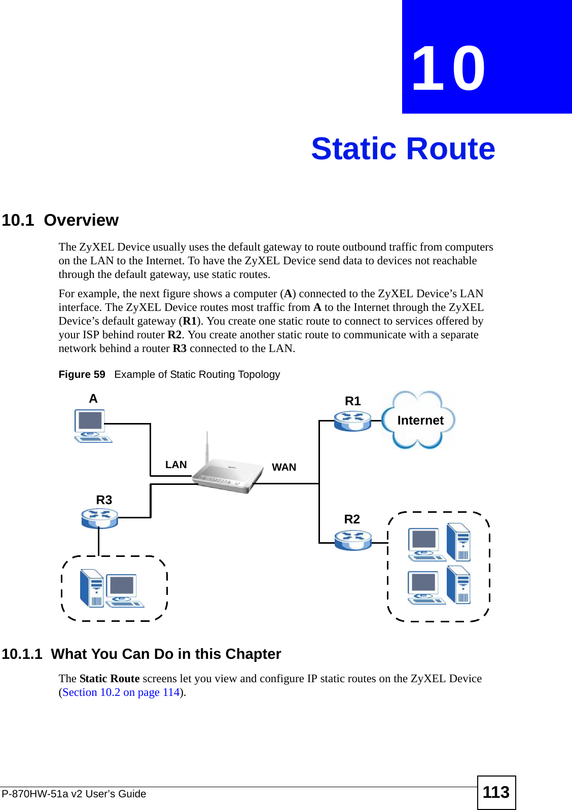 P-870HW-51a v2 User’s Guide 113CHAPTER  10 Static Route10.1  Overview   The ZyXEL Device usually uses the default gateway to route outbound traffic from computers on the LAN to the Internet. To have the ZyXEL Device send data to devices not reachable through the default gateway, use static routes.For example, the next figure shows a computer (A) connected to the ZyXEL Device’s LAN interface. The ZyXEL Device routes most traffic from A to the Internet through the ZyXEL Device’s default gateway (R1). You create one static route to connect to services offered by your ISP behind router R2. You create another static route to communicate with a separate network behind a router R3 connected to the LAN.   Figure 59   Example of Static Routing Topology10.1.1  What You Can Do in this ChapterThe Static Route screens let you view and configure IP static routes on the ZyXEL Device (Section 10.2 on page 114).WANR1R2AR3LANInternet